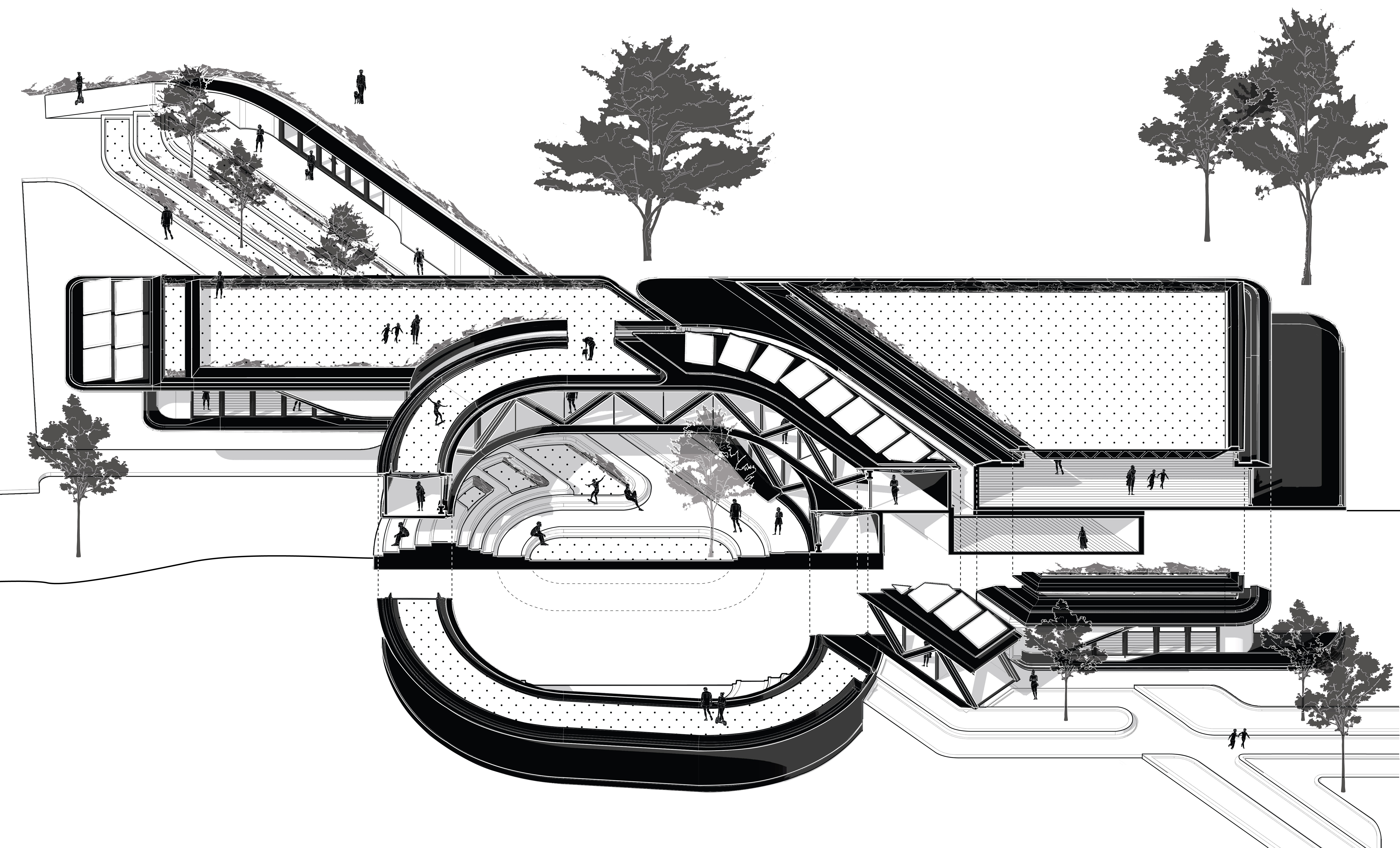 Oblique axonometric section showing the winding courtyard space.