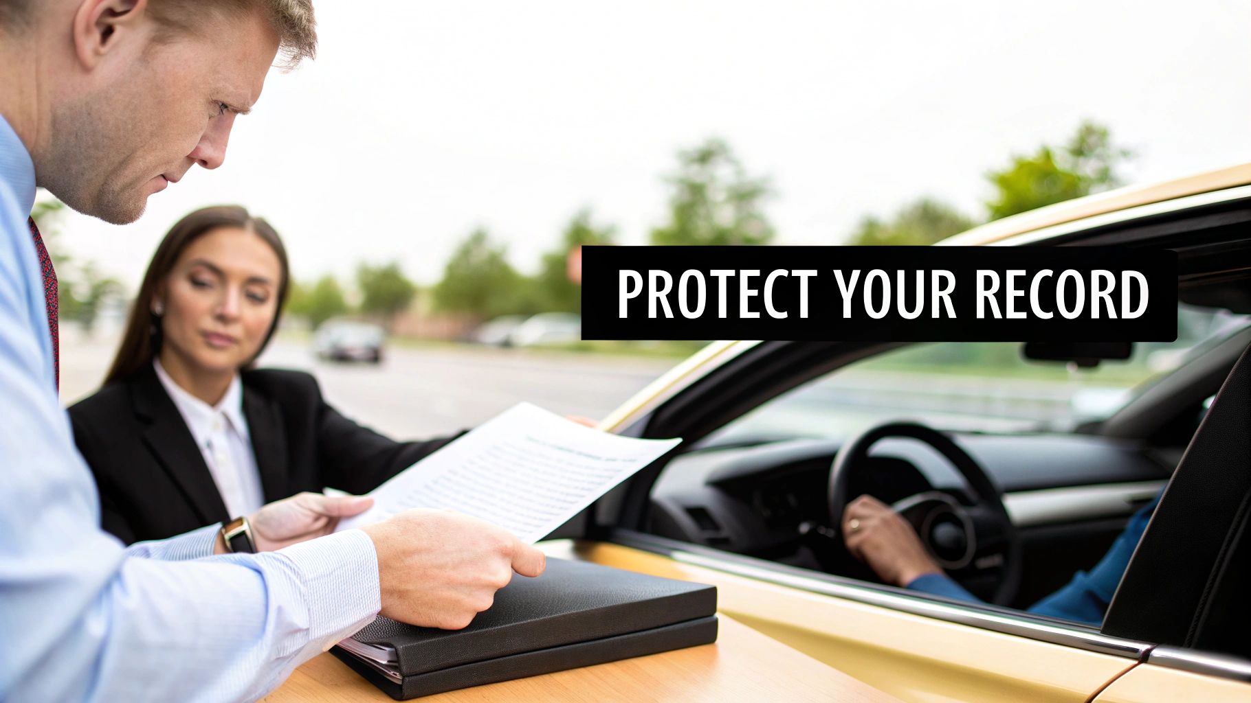 An attorney consulting with a client in a professional office setting.