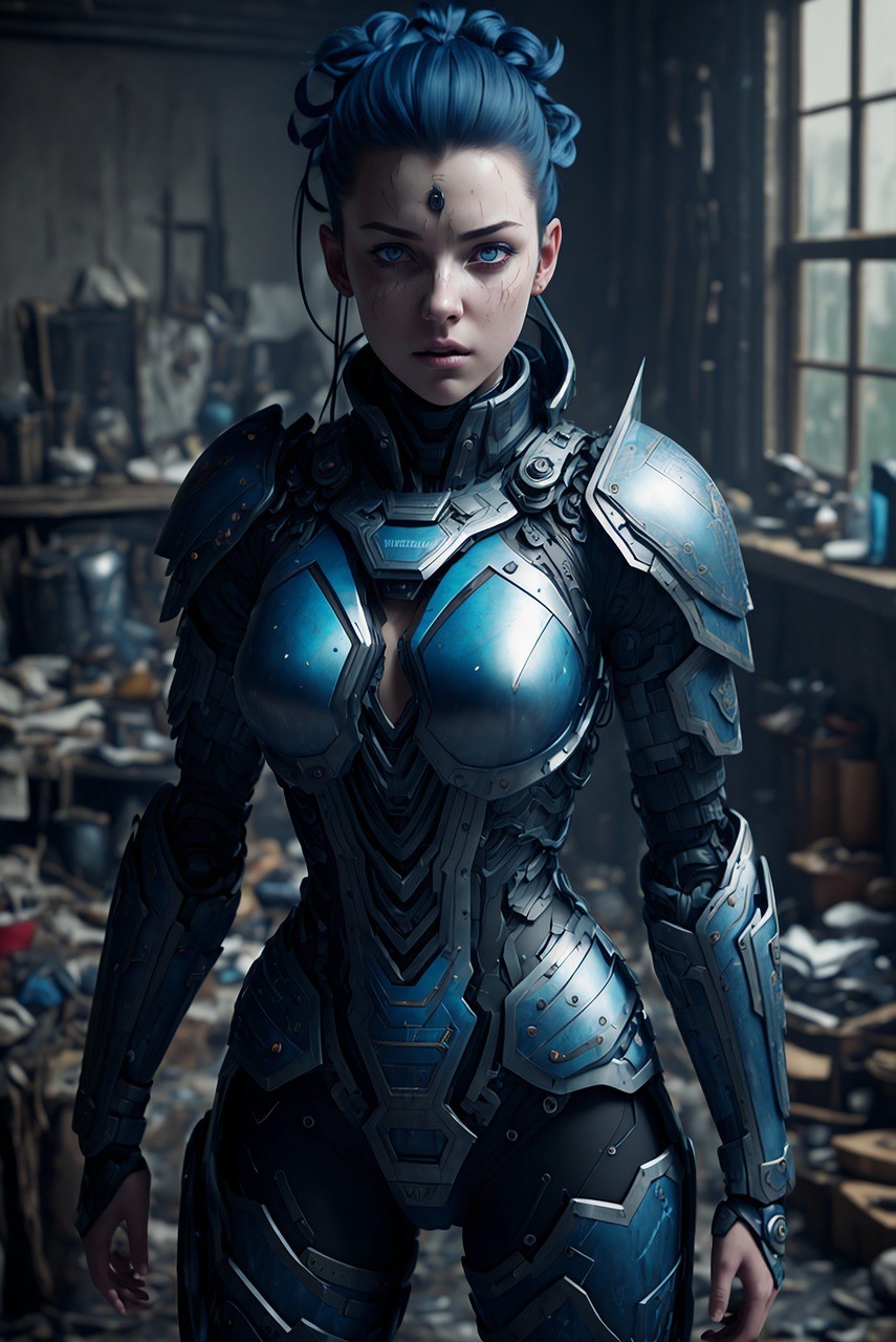 A woman with blue hair, wearing blue and black futuristic cyborg armour stood in a room.