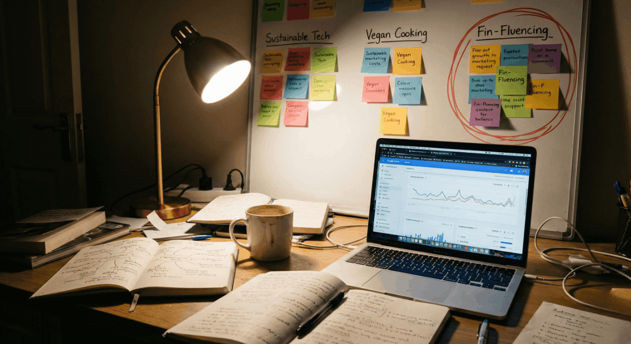 A content strategist's desk at night featuring a laptop displaying growth analytics and a whiteboard brainstorming social media niches like Sustainable Tech and Fin-Fluencing.