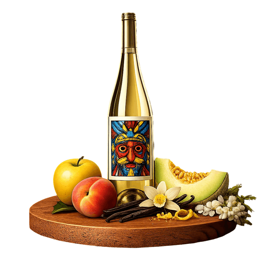 Artistic label and flavor profile for Romanian Chardonnay on a rustic wooden table.