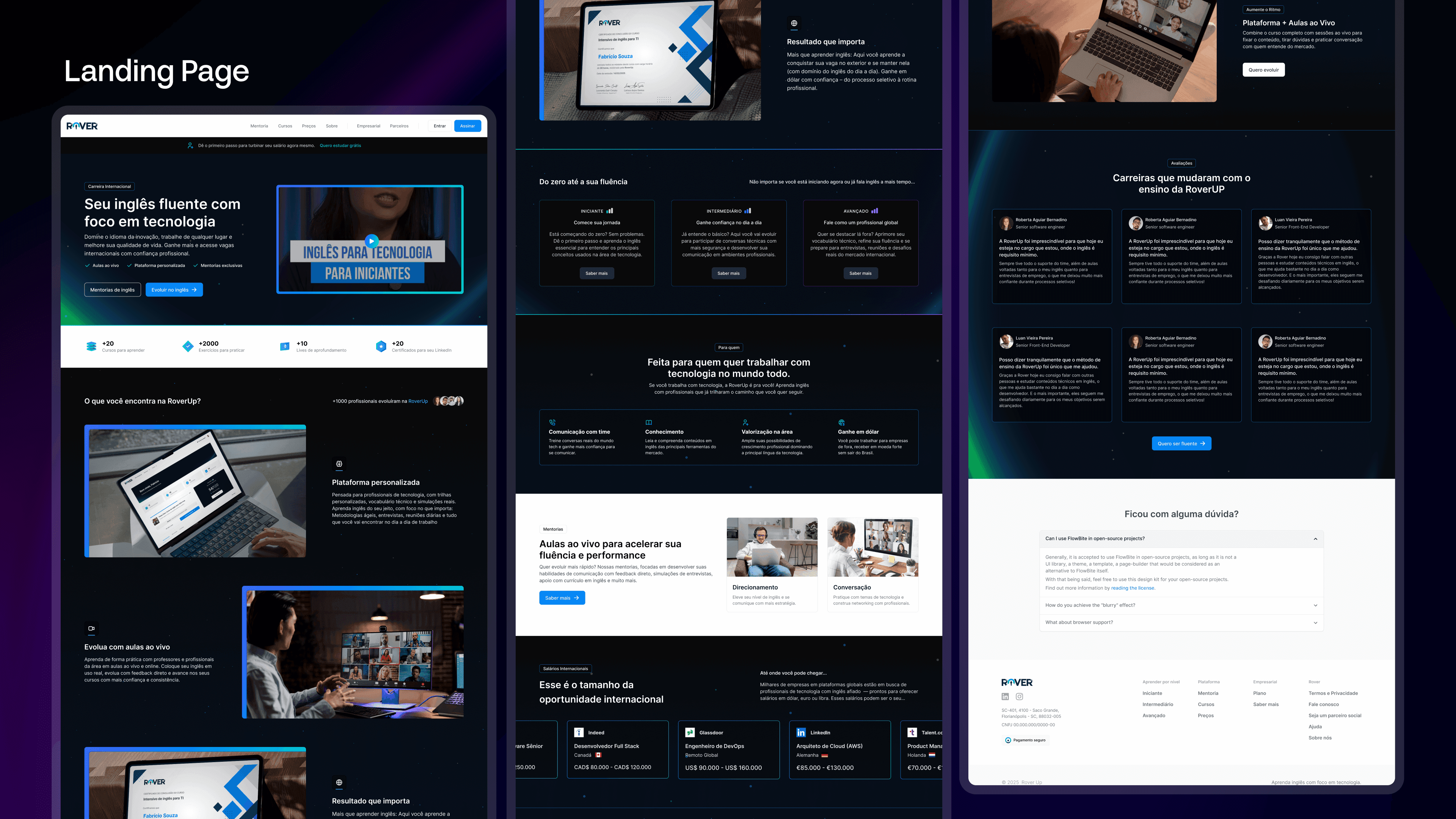 Landing page da RoverUp, de forma visualmente detalhada