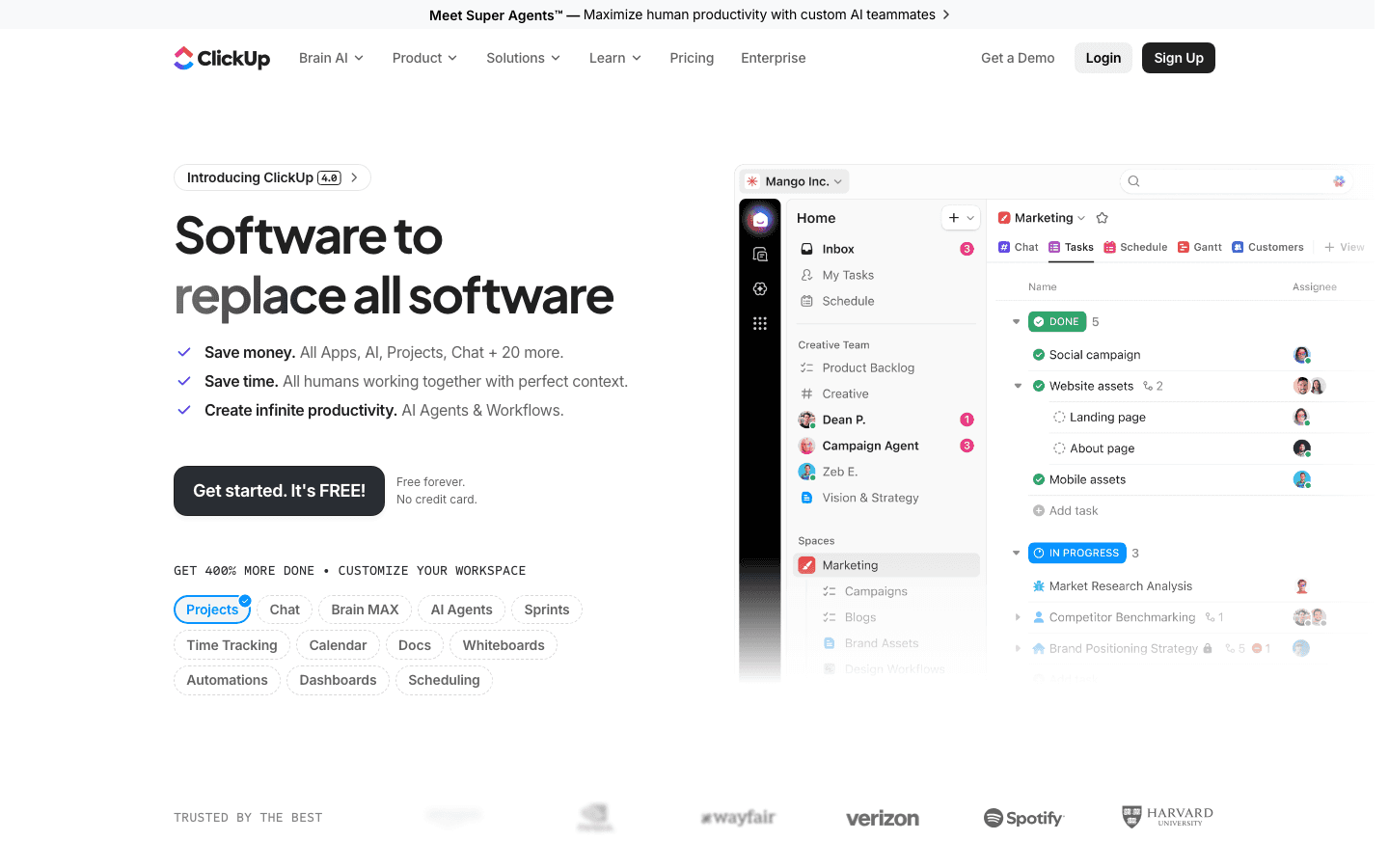 ClickUp dashboard with tasks, docs, chat, and project views