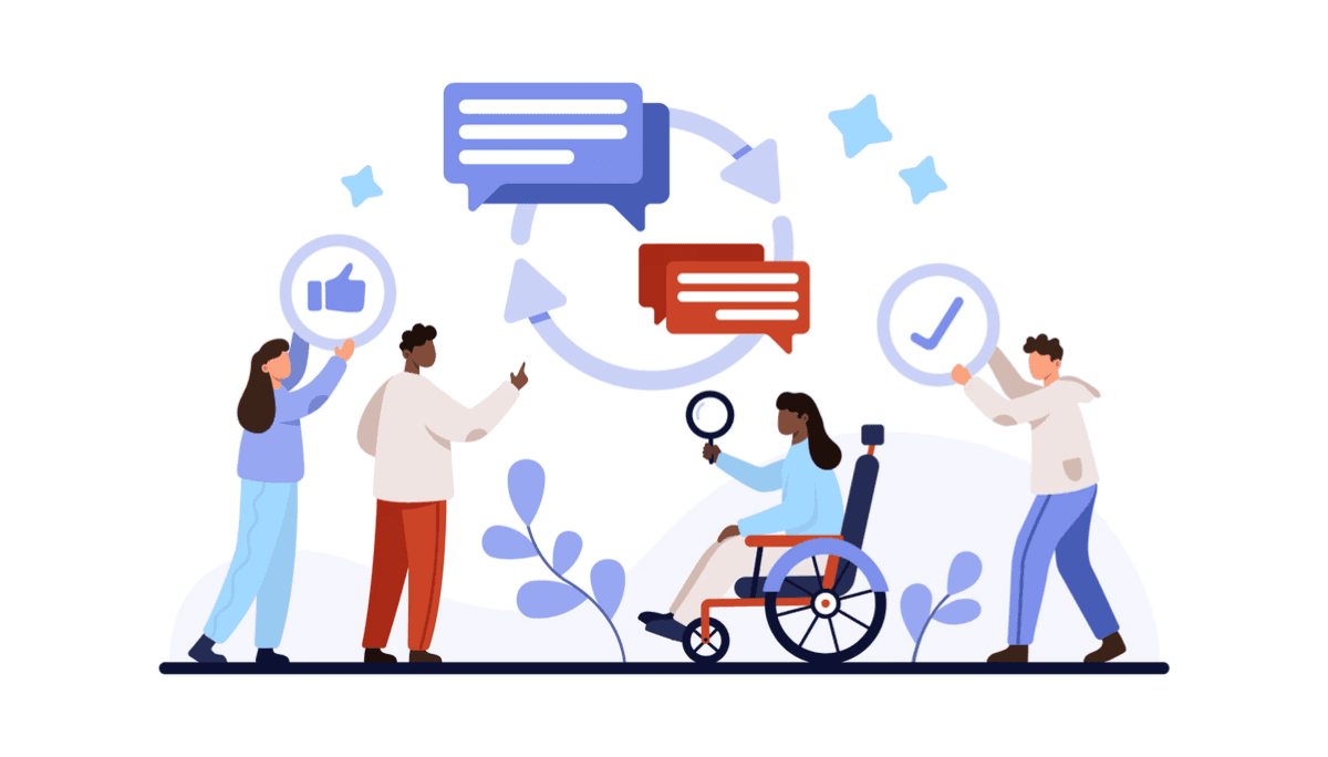 Illustration of diverse professionals engaging in dialogue with icons like speech bubbles, checkmarks, and a magnifying glass.