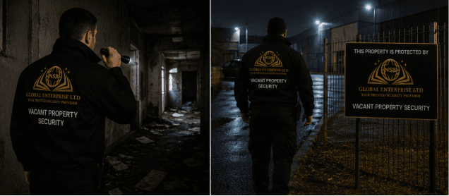 Vacant property security patrol officer inspecting an unoccupied building to deter trespassing and criminal activity.
