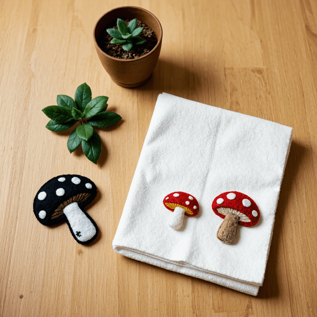 product photography of a set of felt mushroom appliques