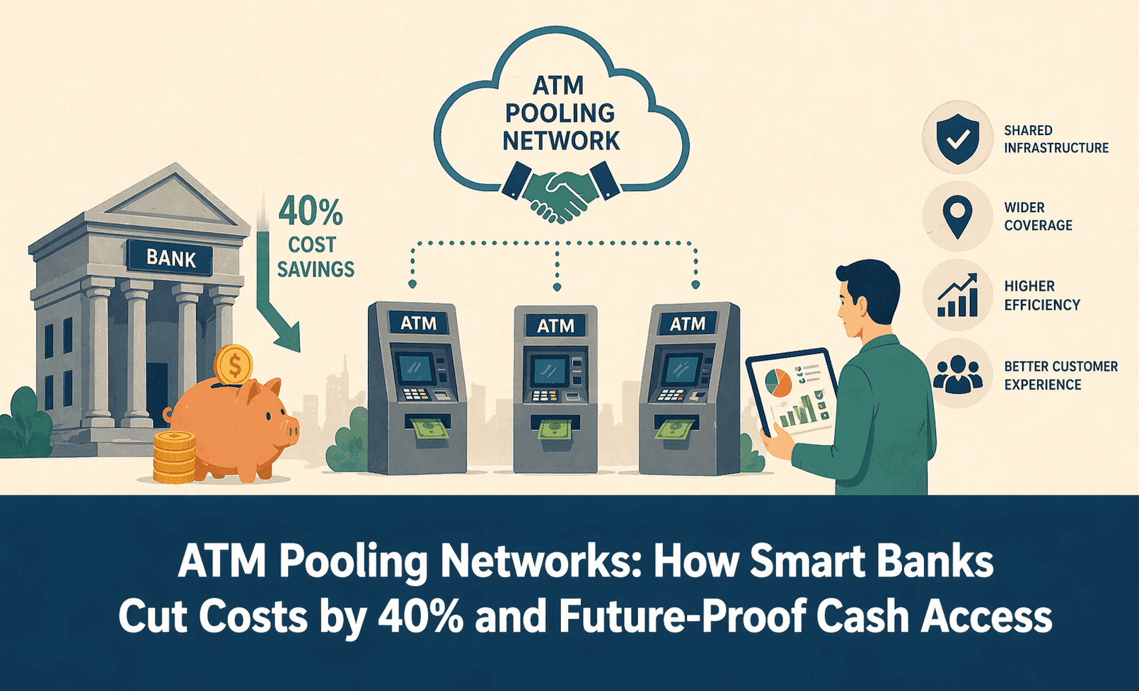Flat-style digital illustration showing a simplified ATM pooling network, with several ATMs connected to a central bank icon representing shared infrastructure. On the right, a person uses a modern ATM while holding a smartphone. Minimal icons highlight key benefits such as 40% cost reduction, wider coverage, improved customer experience, and stronger network resilience. The design uses a clean, uncluttered layout with a light beige background and a solid navy-blue bar at the bottom displaying the blog title in bold white text: ‘ATM Pooling Networks: How Smart Banks Cut Costs by 40% and Future-Proof Cash Access’.