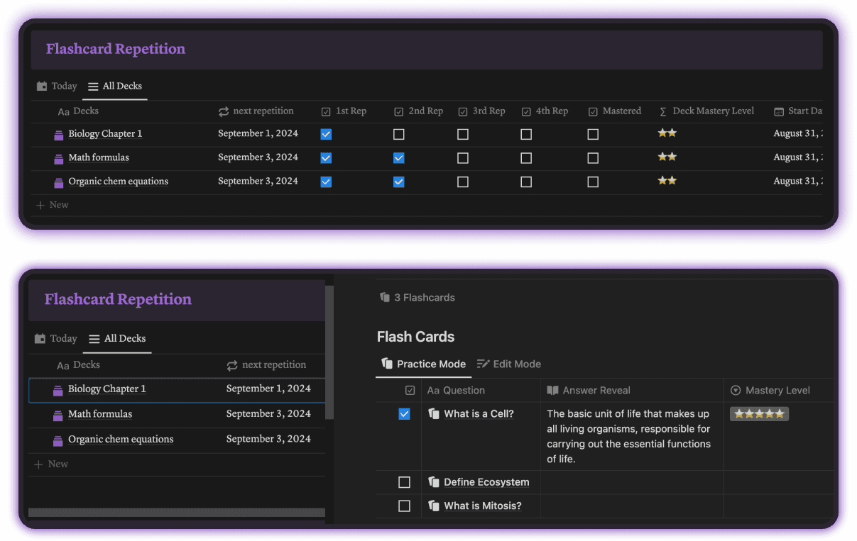 Notion Student OS - Flashcard Repetition