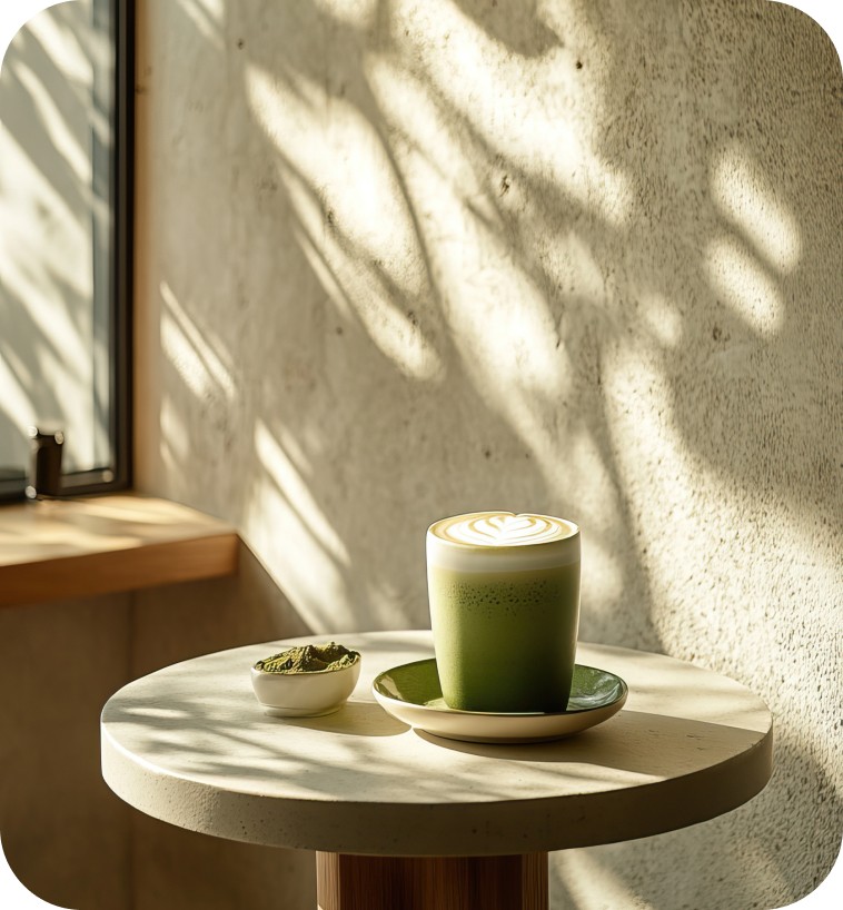 Kratom latte on a table with sunlight. A healthy alternative for wellness.