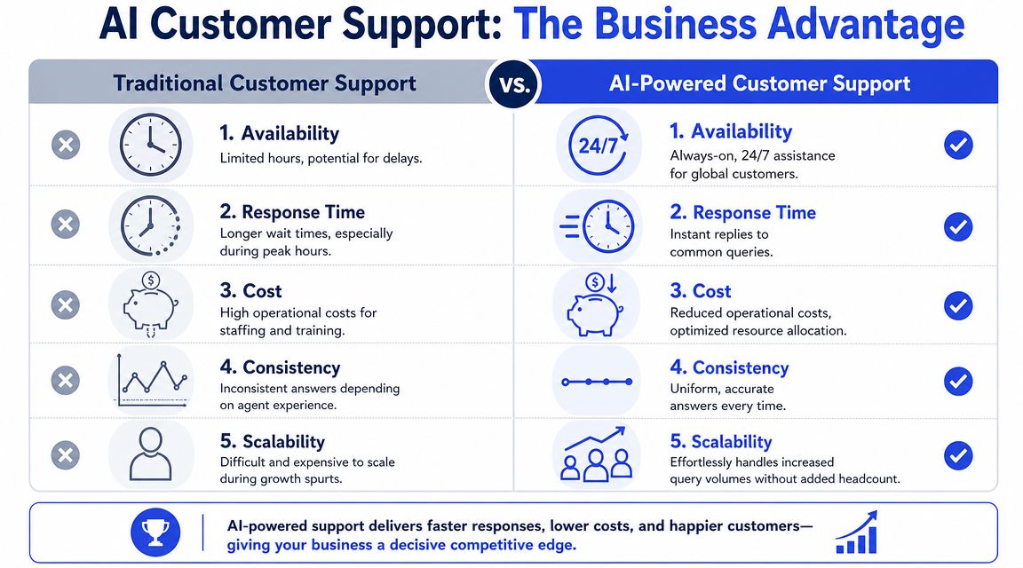 A comparison chart showing the business advantages of using AI-powered customer support versus traditional human support methods.