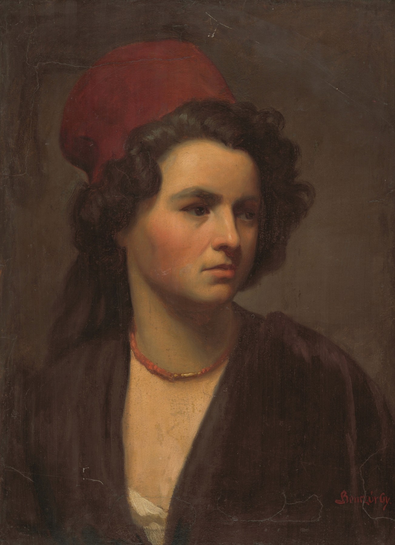 A portrait of a girl in a red scarf made by Gyula Benczúr.