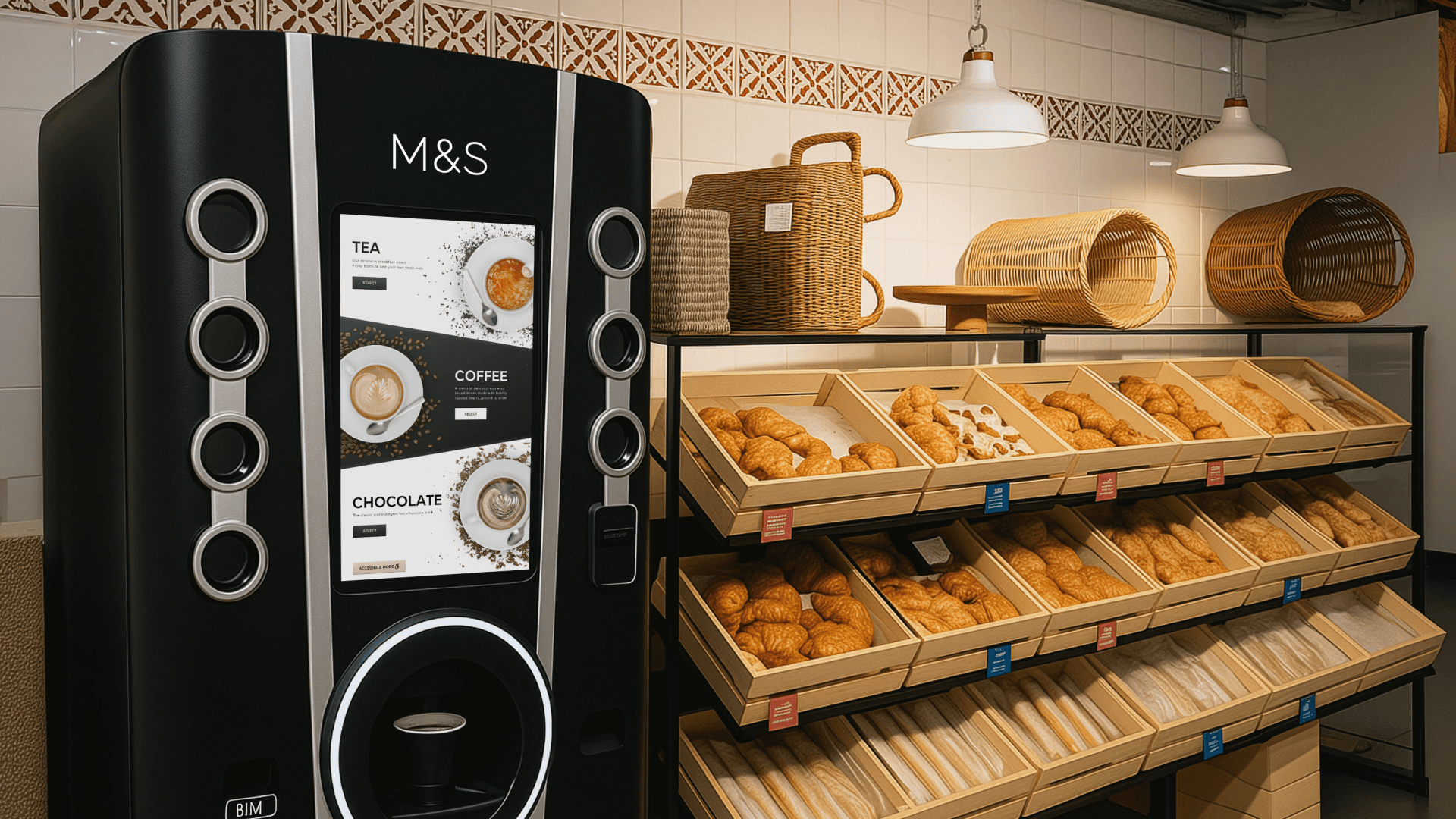 A high-quality retail photograph showing the M&S coffee machine product situated next to a fresh bakery display in a store. This image provides a real-world context for the self-service product and shows how it integrates into a physical retail environment.