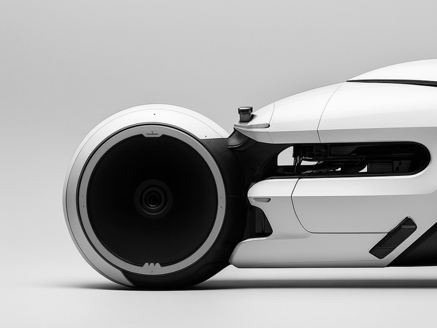 Close-up monochrome side view of a futuristic white vehicle, featuring a large wheel and streamlined aerodynamic bodywork.