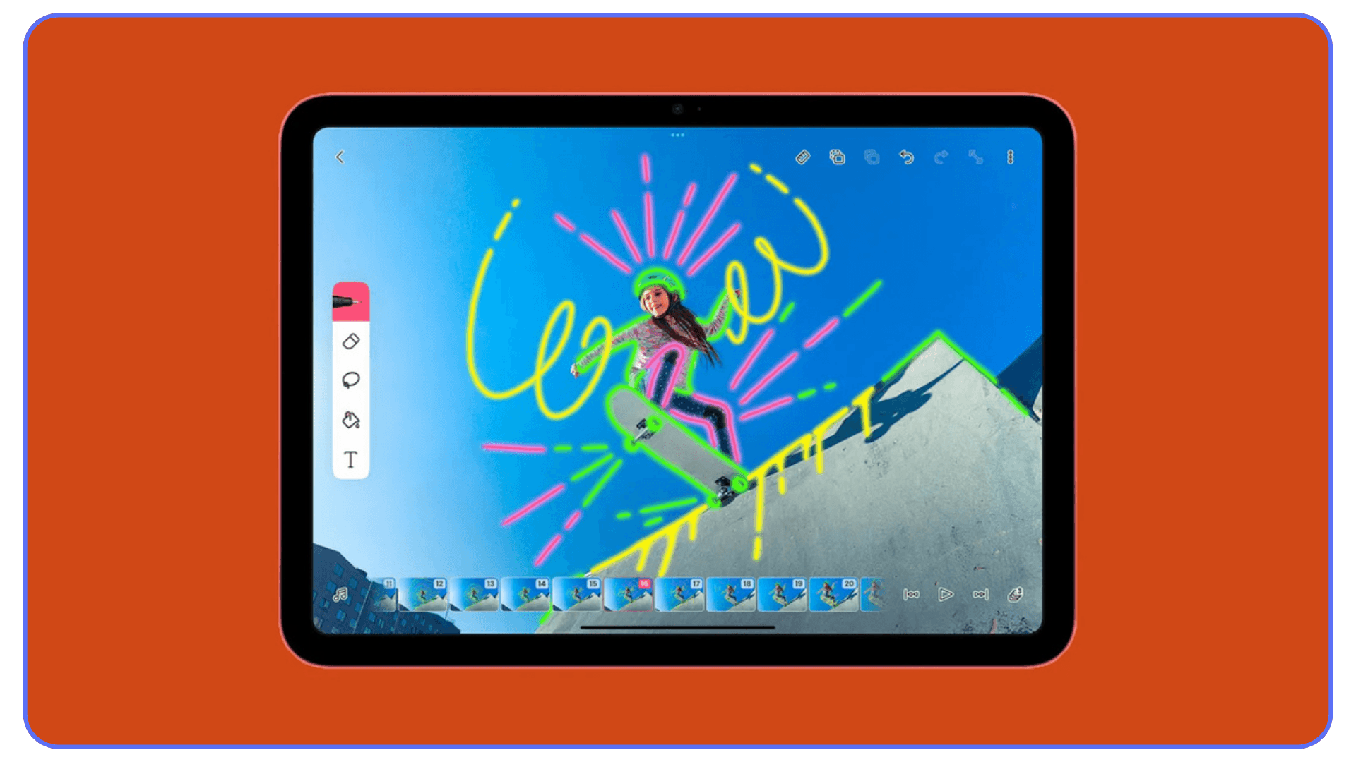 iPad screen showing a skateboarding photo being edited with colorful neon-style doodles in a drawing app, featuring bright yellow and pink strokes over the skater.