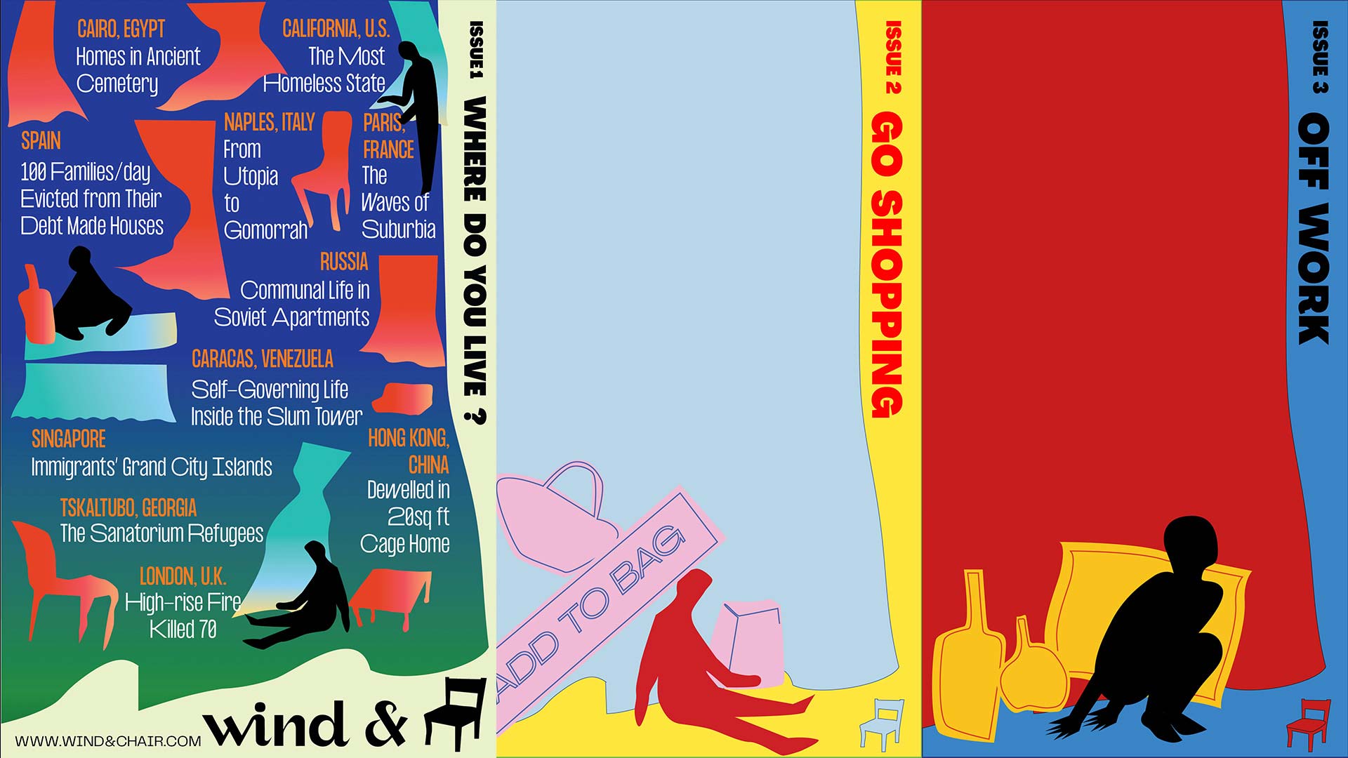 The image presents the cover of a magazine titled “Issue 2 Go Shopping,” with the spine visible on the right side. The cover is divided into three vertical sections: the left section has a dark blue background with text and silhouettes of figures representing people from various countries, including Egypt, Colombia, Russia, Singapore, Taiwan, UK, and France. The middle section has a light blue background with silhouettes of people and a pink shopping bag. The right section has a red background with silhouettes of people and a yellow shopping bag. The magazine’s title, “Issue 2 Go Shopping,” is written in bold red letters on the spine. The cover also features the magazine’s website address, “www.wind&chair.com,” at the bottom.