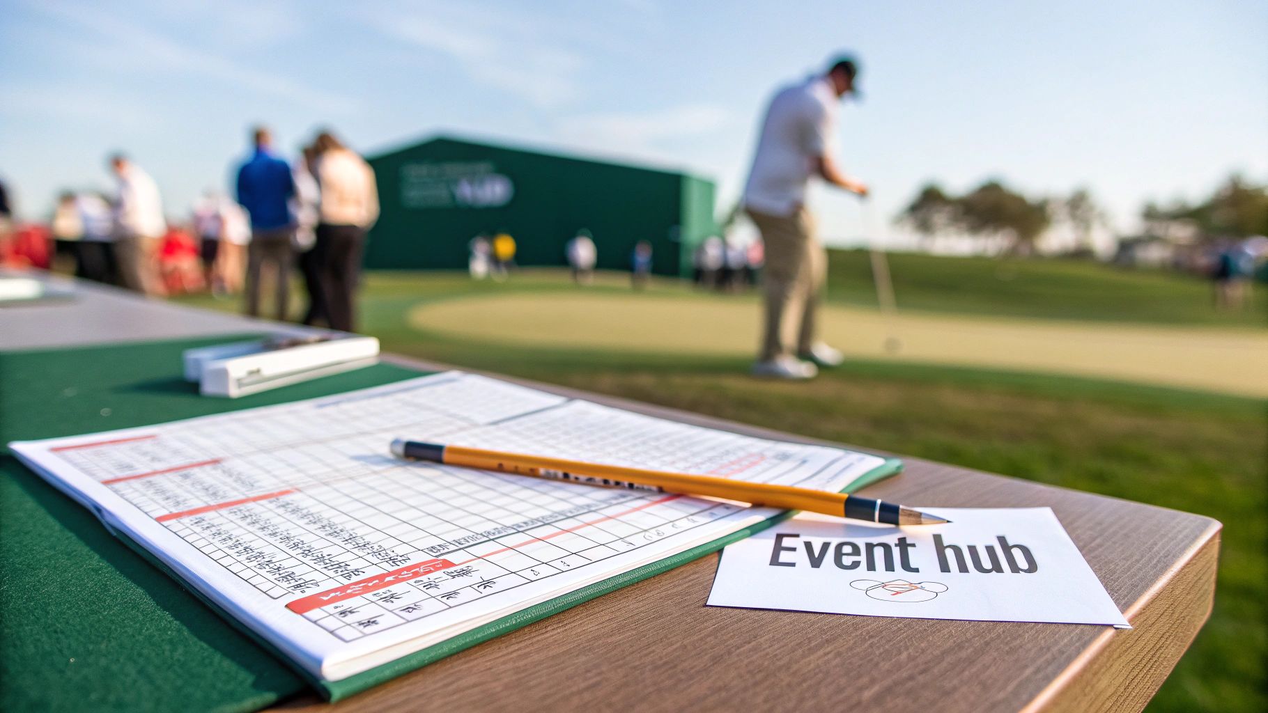 A golf scorecard and pencil on a table with an 'Event hub' sign at a sunny golf event.