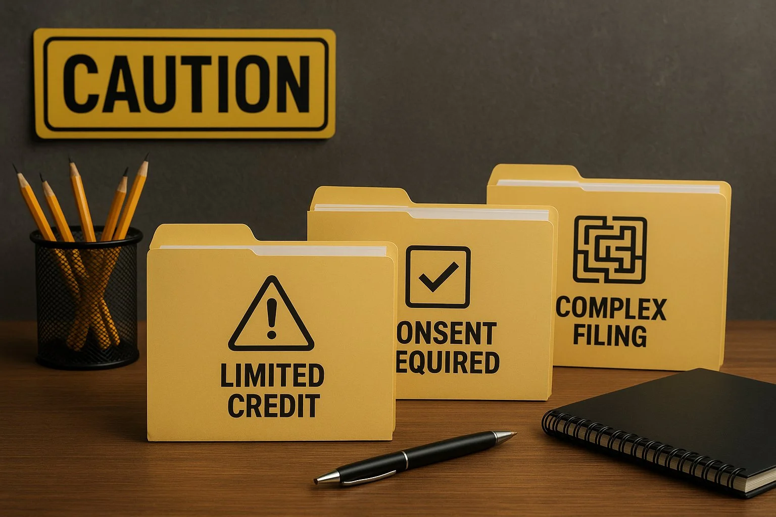  Desk scene with caution-themed folders labeled limited credit, consent required, and complex filing, supported by icons showing risk and complexity.