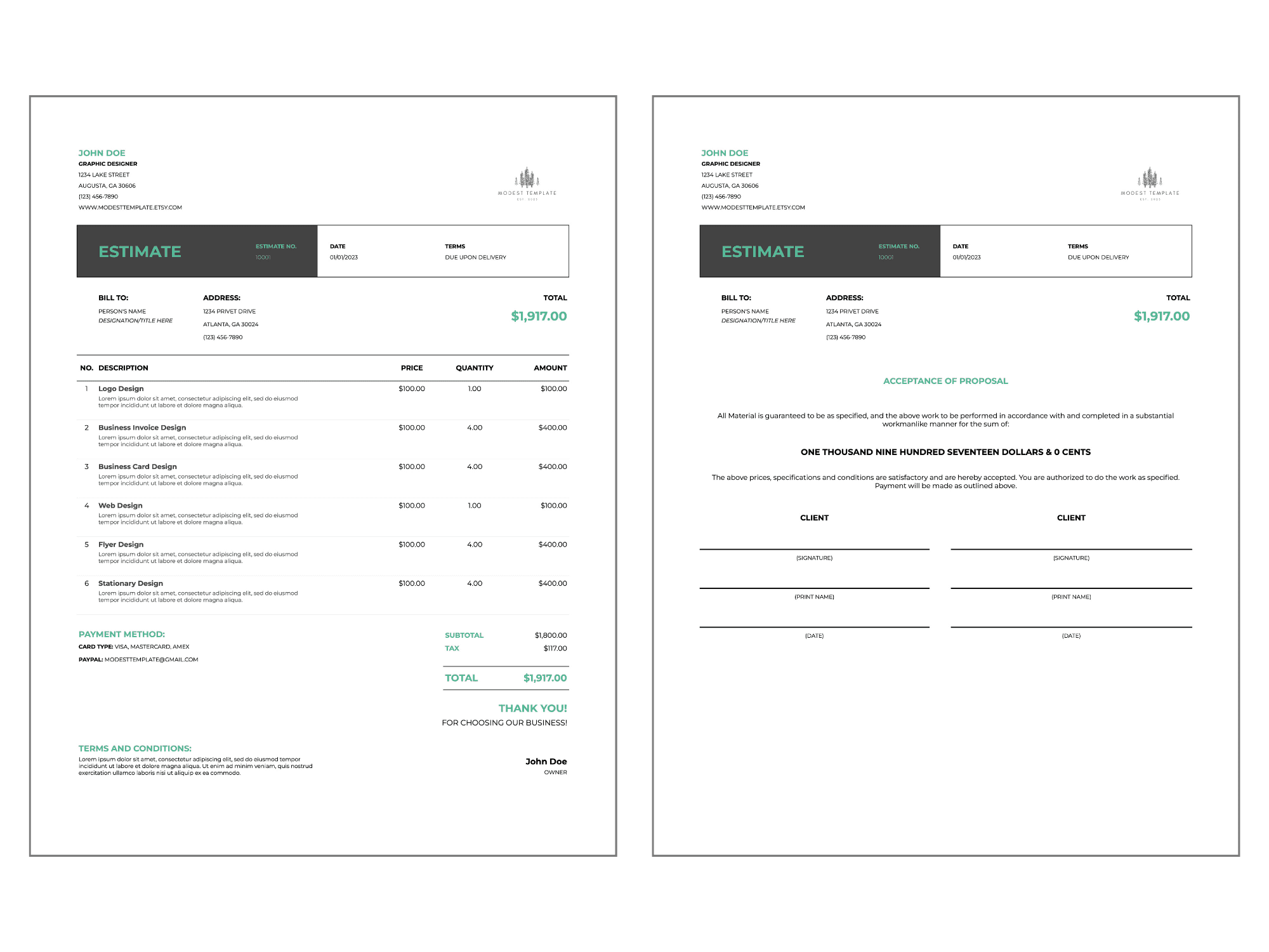 Printable estimate template displaying a detailed cost breakdown and client approval section for professional project proposals.