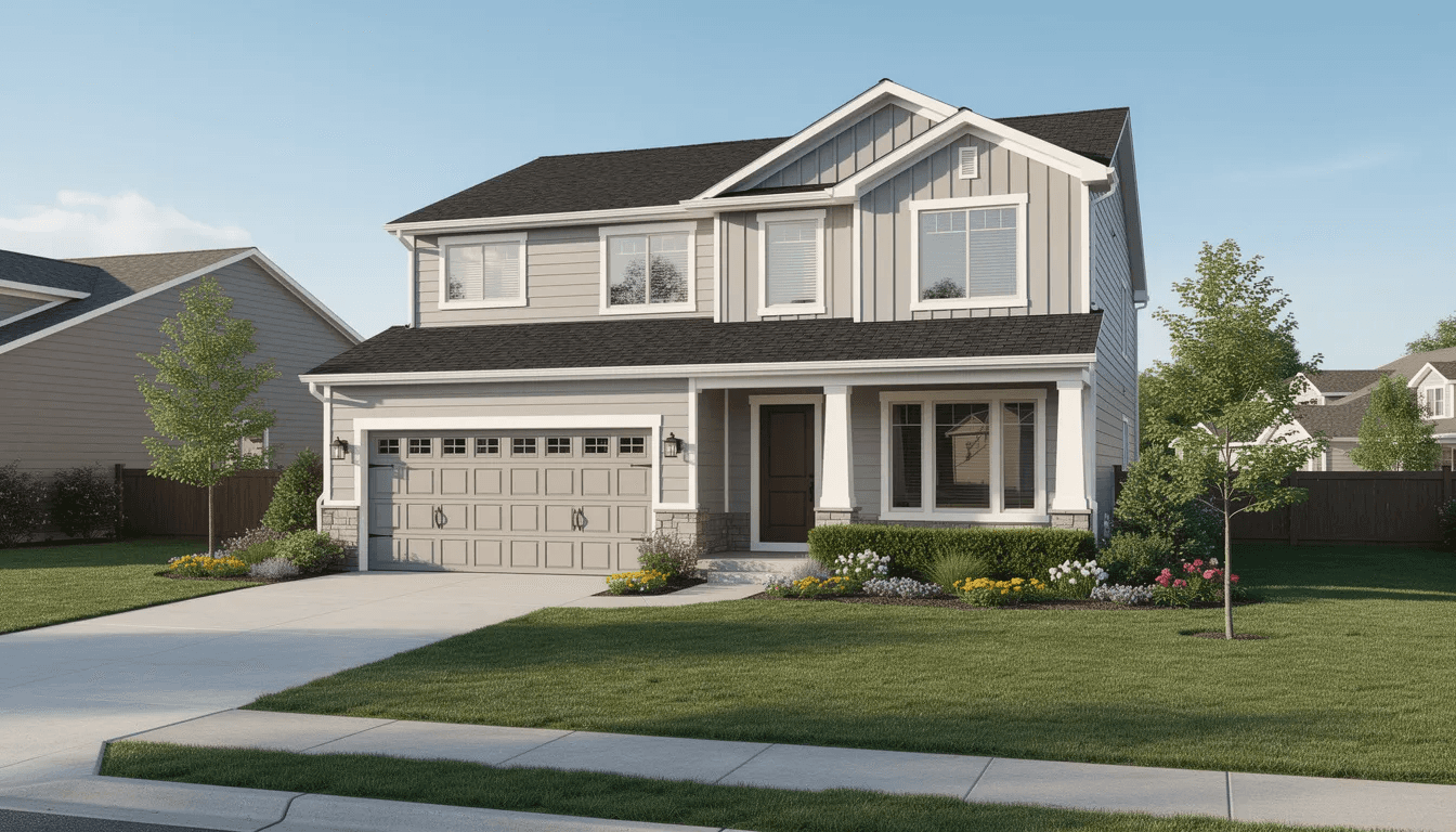 The image depicts a modern suburban home surrounded by a beautifully landscaped yard, symbolizing typical upper-middle-class American housing. This setting reflects the financial stability often associated with a median household net worth, highlighting the importance of personal finance and investment income in achieving financial well-being.