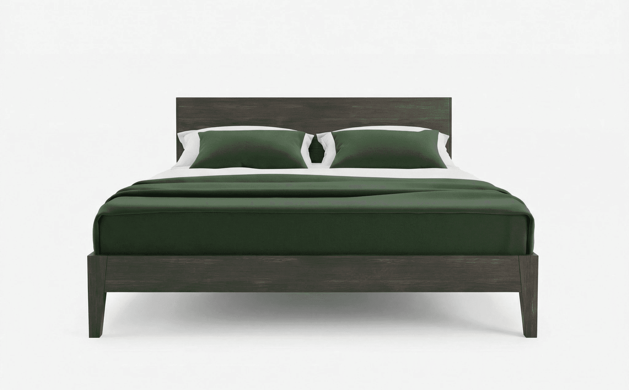 Minimal bed with slim upholstered headboard and recessed support frame