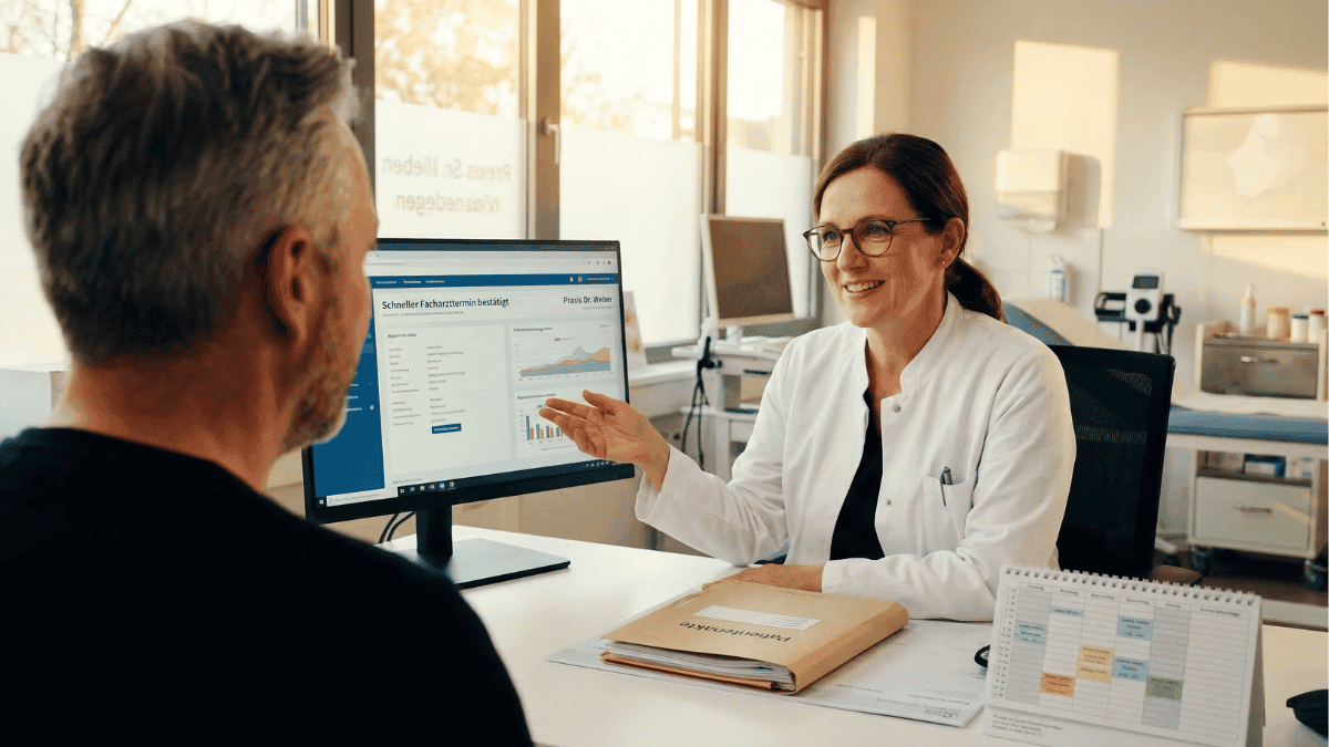 Hannes Weindorf sitzt beim Facharzt in der Sprechstunde und hat durch den Facharztservice schnell einen Termin bekommen.