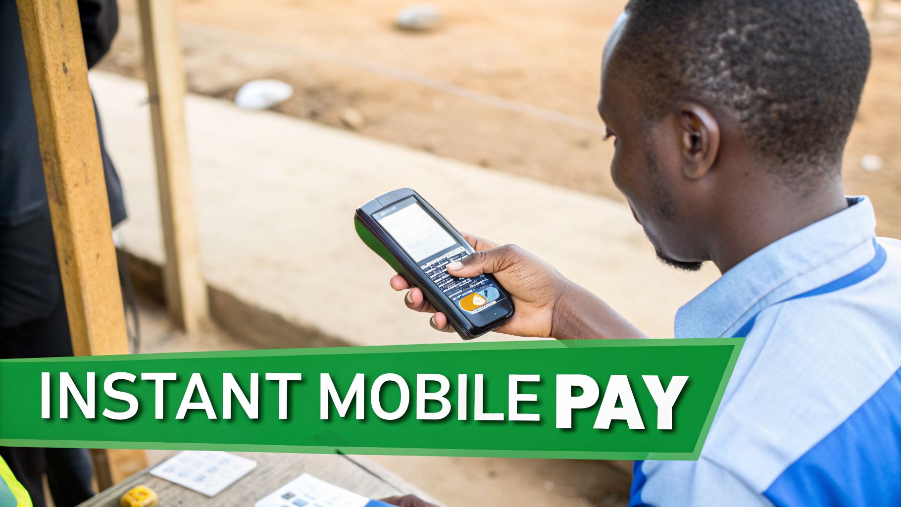 A man uses a mobile payment device for instant transactions, emphasizing quick financial services in Uganda.