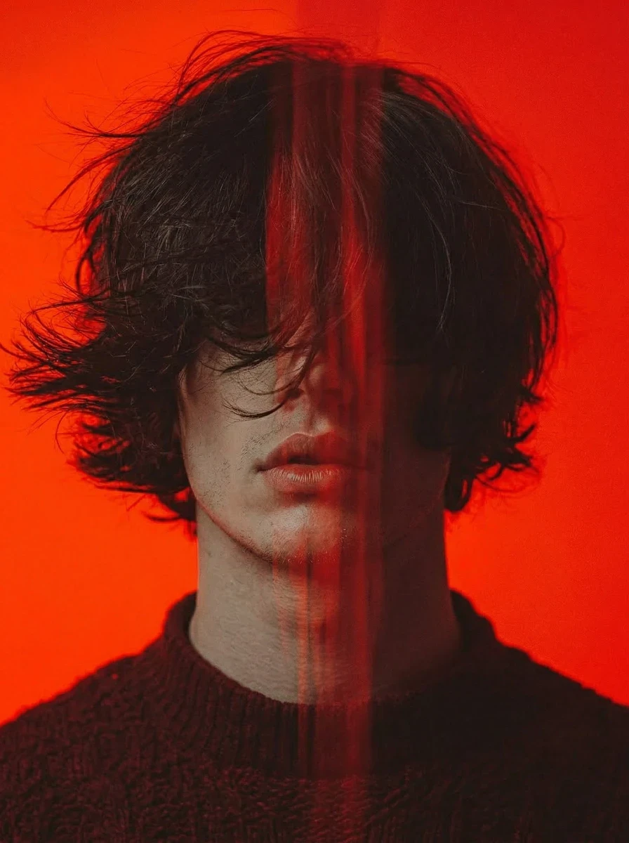 Artistic portrait of a man with messy hair and a motion blur effect against a vibrant red background.