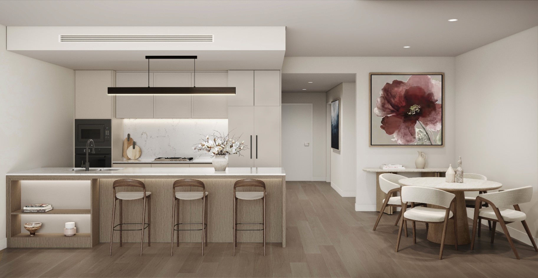 Open plan kitchen and dining in Lily Lane apartments Castle Hill featuring modern finishes, off the plan Sydney apartment secured with $10K Coposit