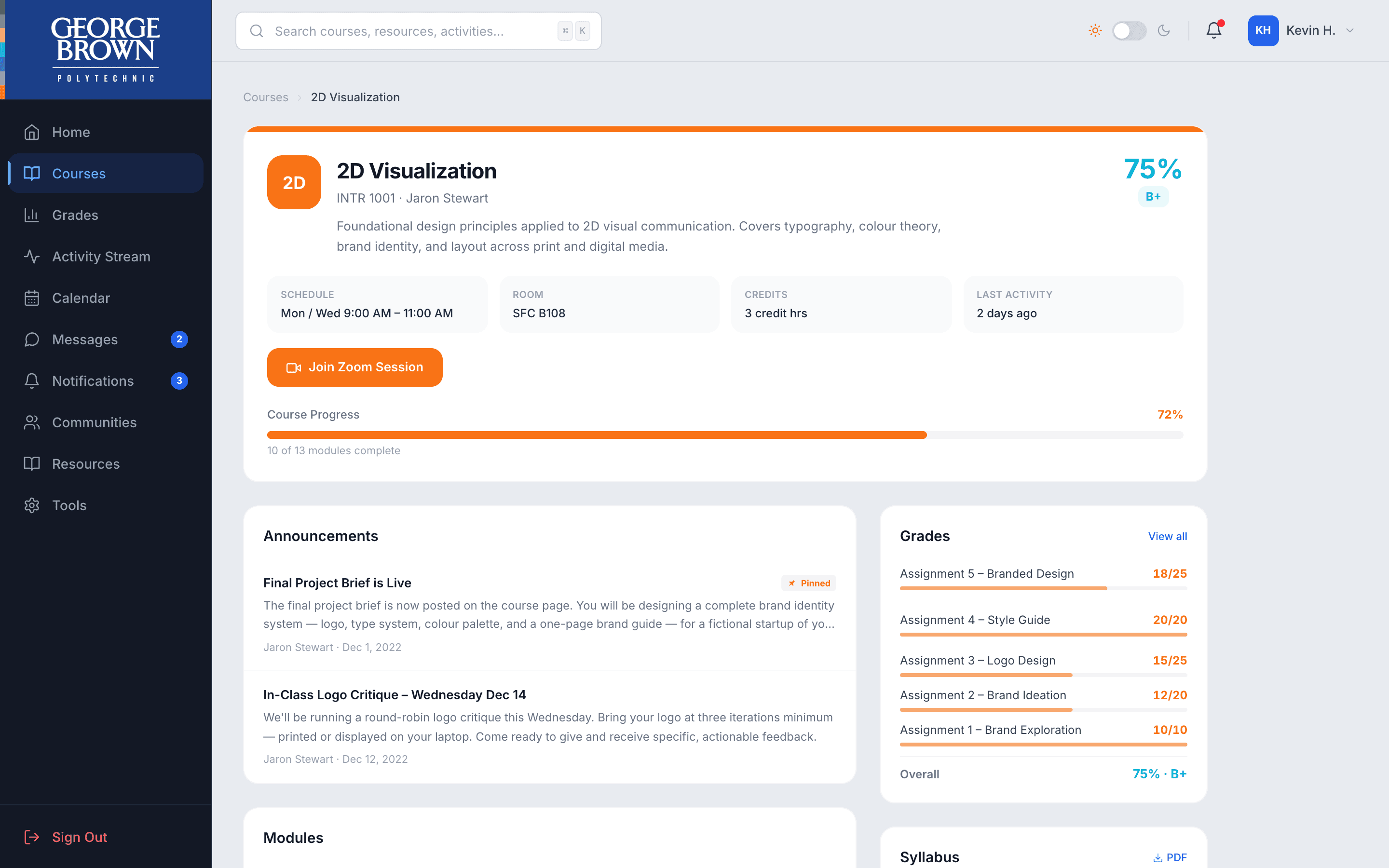 Standardised course page. Same five tabs in every course.