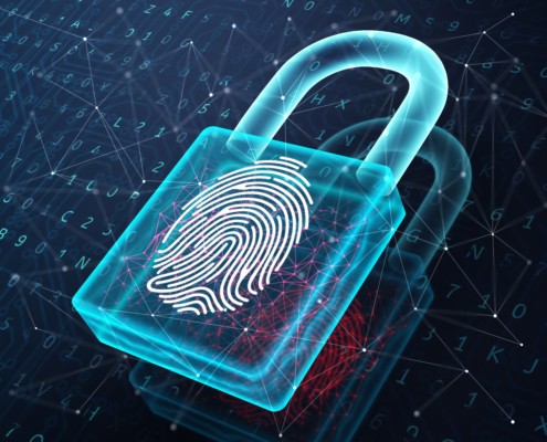 Cyber-padlock with a fingerprint on the front