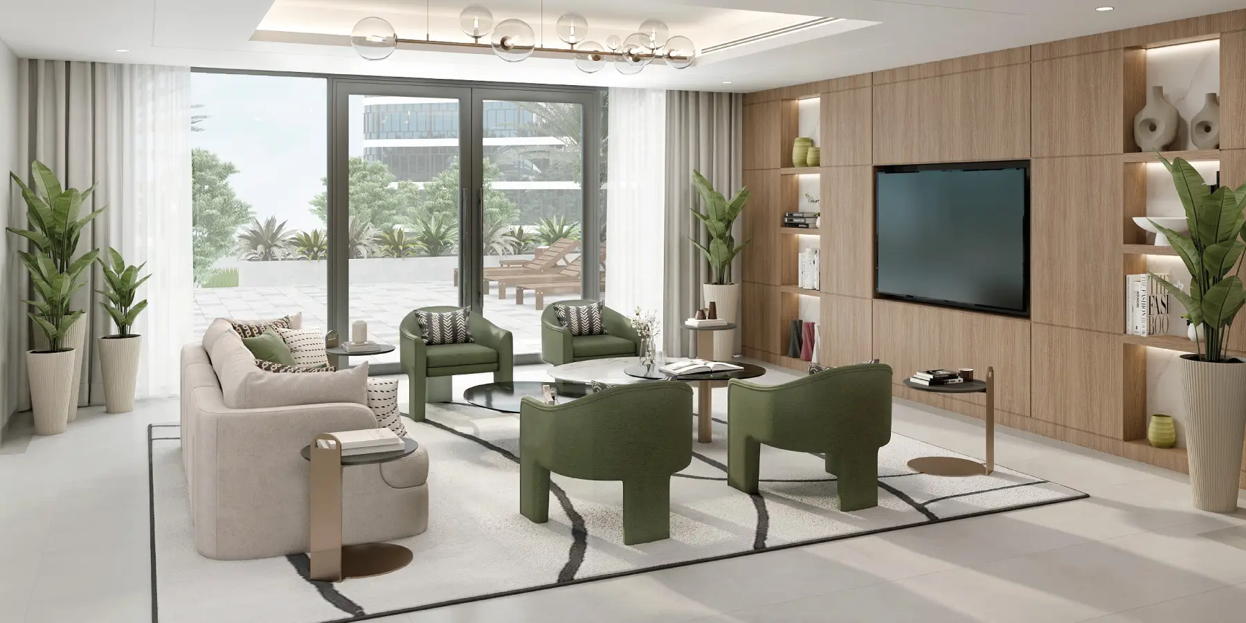 A modern living room featuring a dining area and kitchen, showcasing contemporary design elements in Farishta 2.