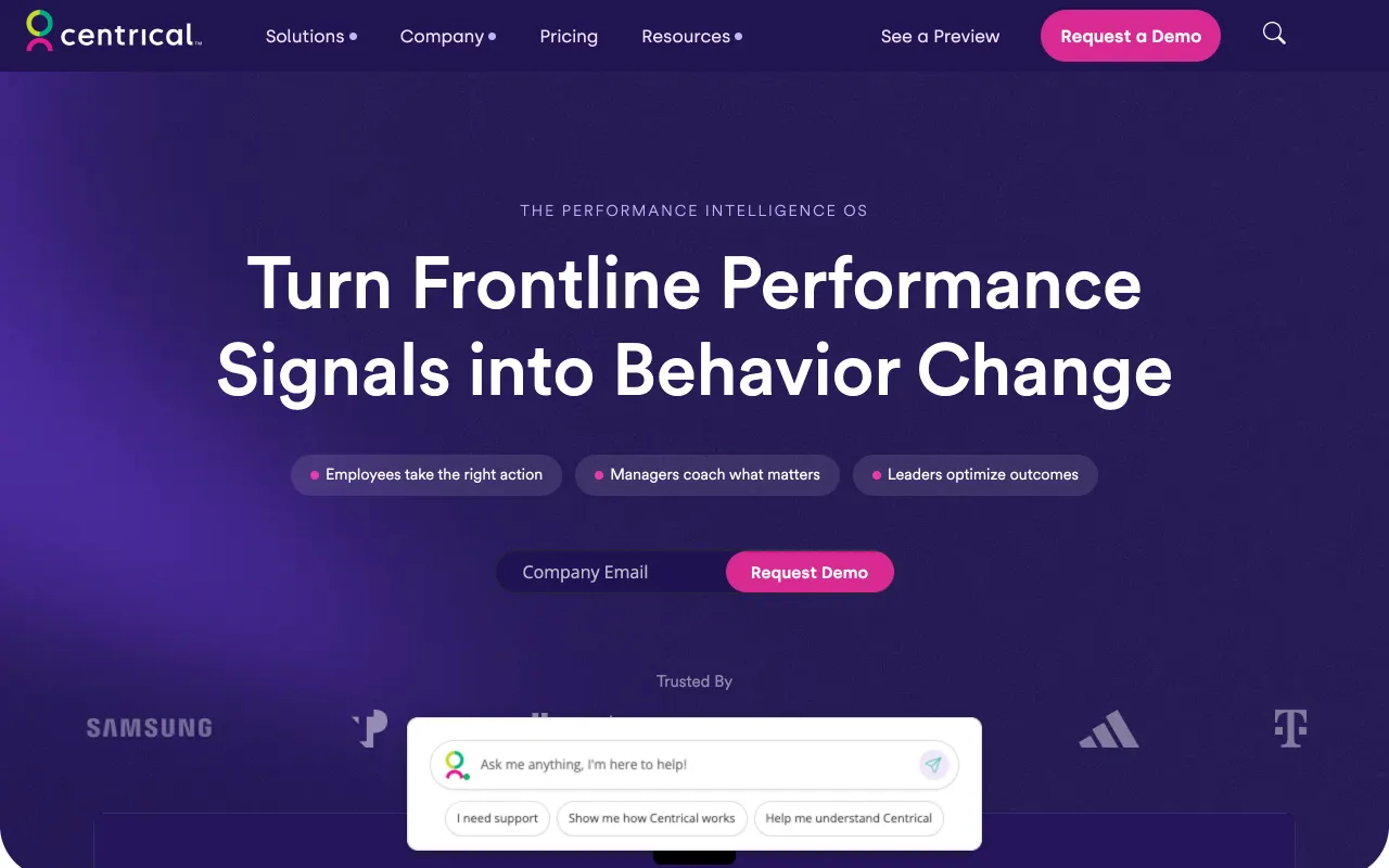 Centrical homepage, enterprise performance and gamification platform