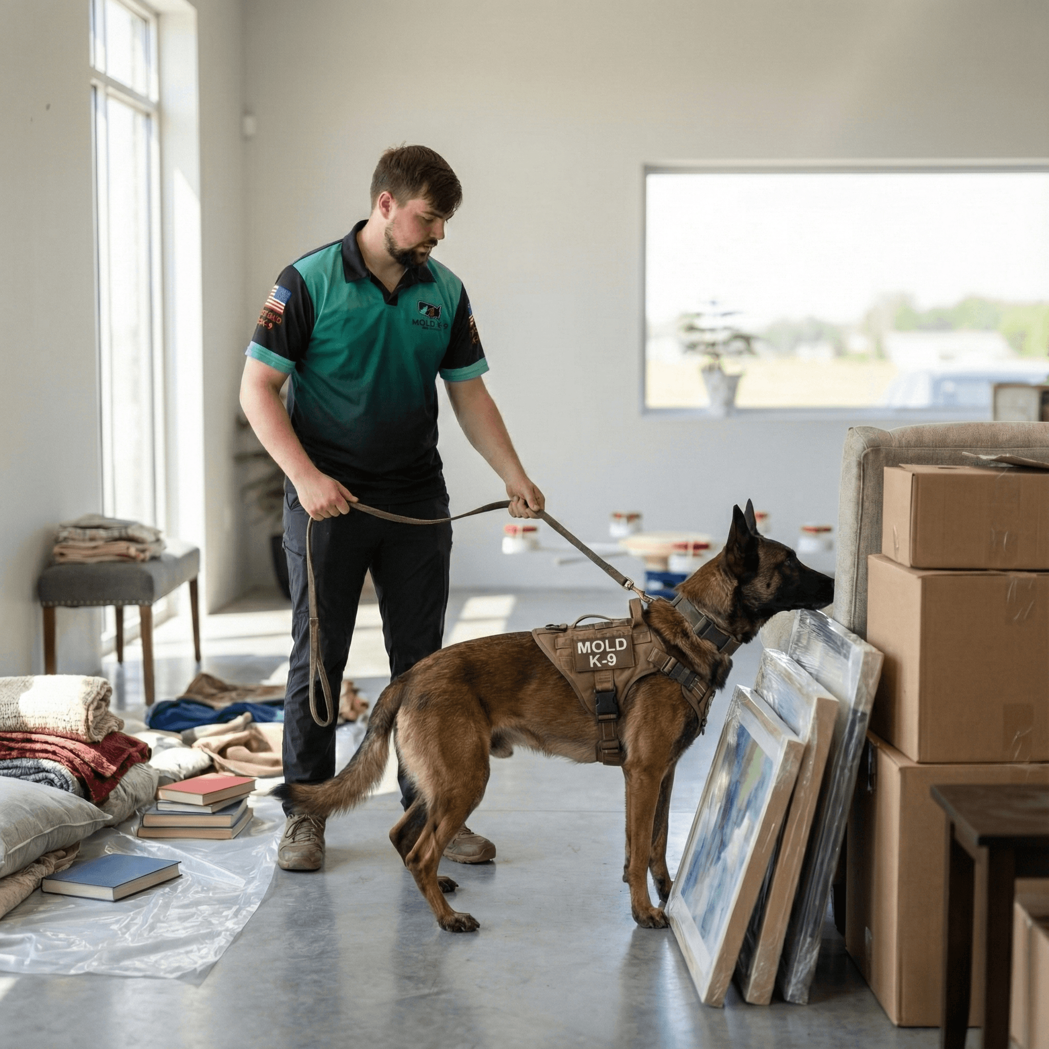 k9 inspecting personal items for mold