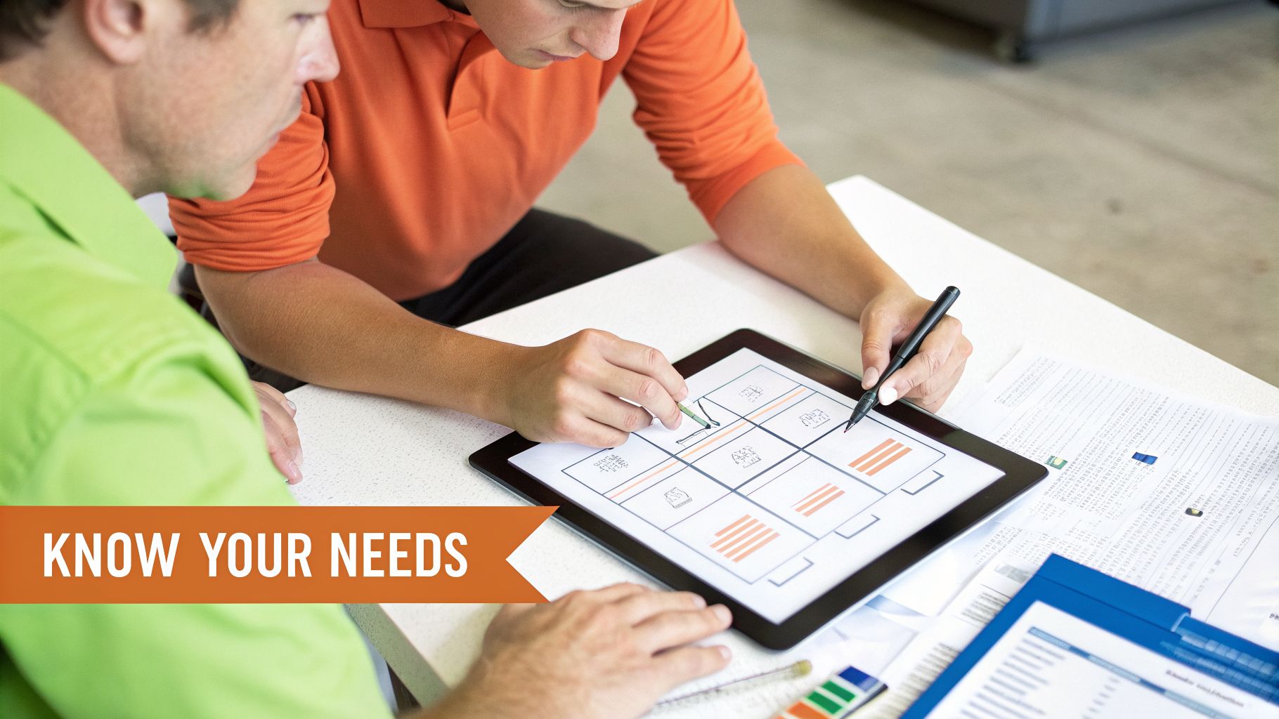 Two professionals collaborating on app design, using a tablet and stylus, surrounded by documents.