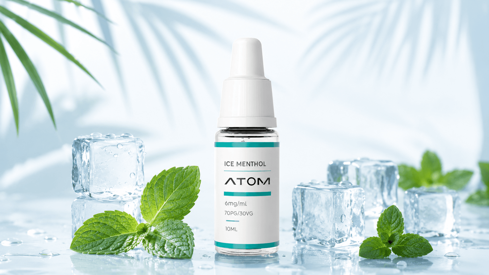 ATOM Ice Menthol e-liquid bottle with ice cubes, mint leaves and citrus on a bright summer background.