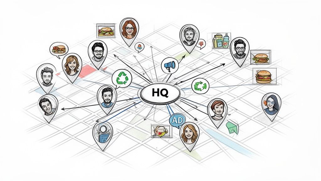 An HQ connects to diverse people, food items, recycling symbols, and marketing icons, representing a business network.