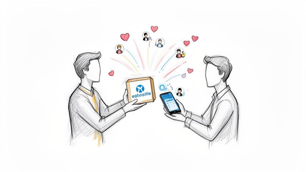 Sketch of two men sharing digital content from a box, connecting with others via a smartphone.
