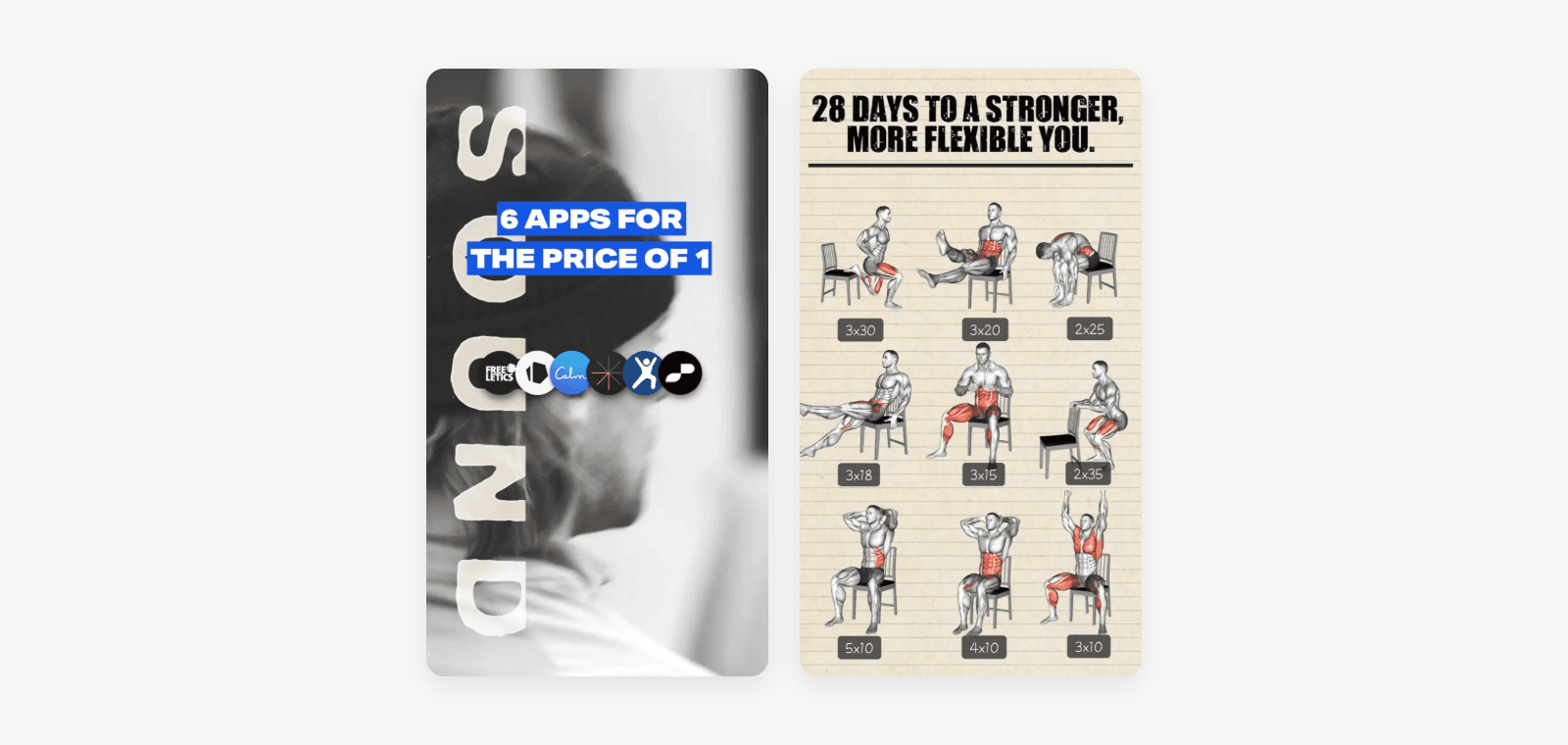 Freeletics and Muscle Monster creatives side by side