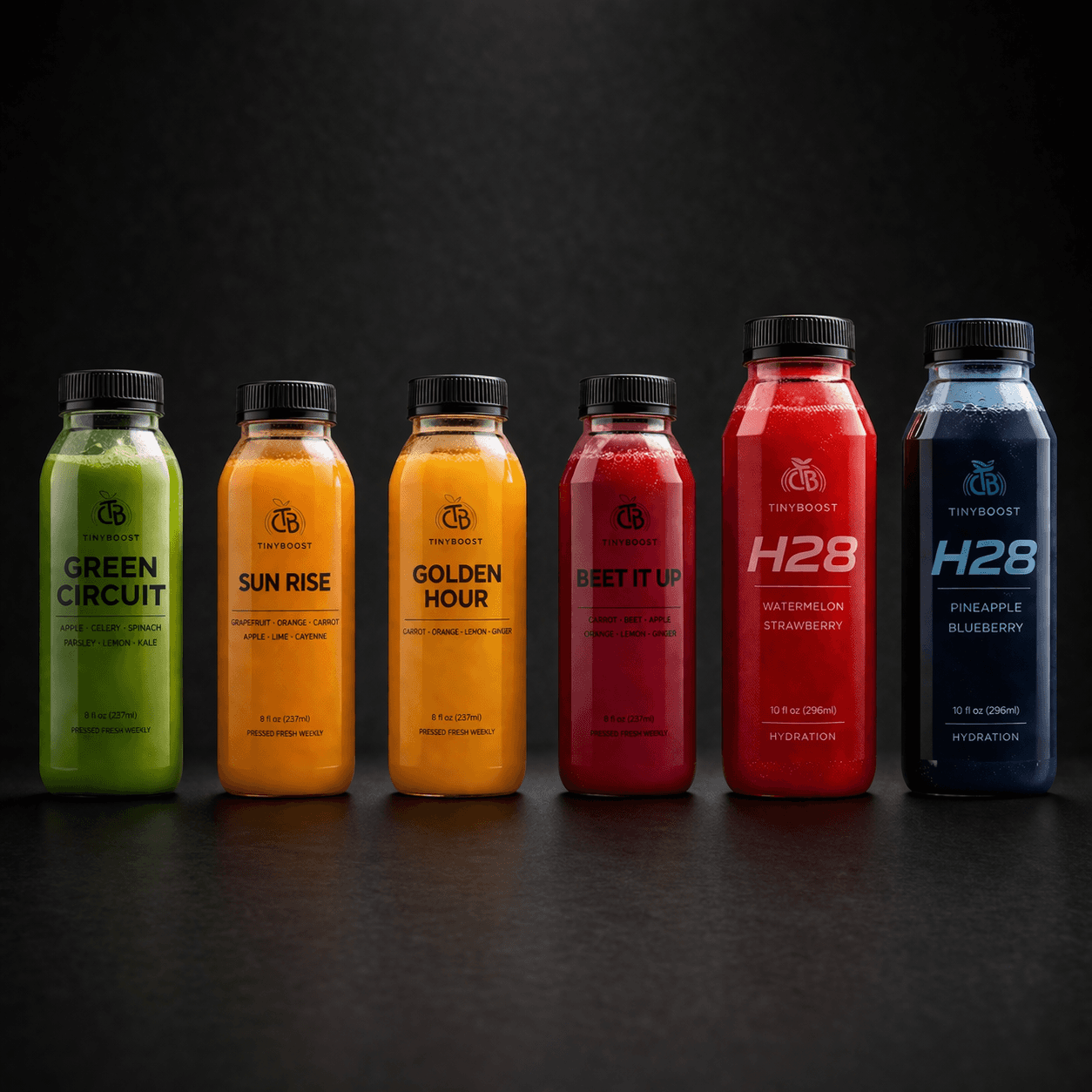 TinyBoost cold-pressed juice and hydration bottles in six flavours.