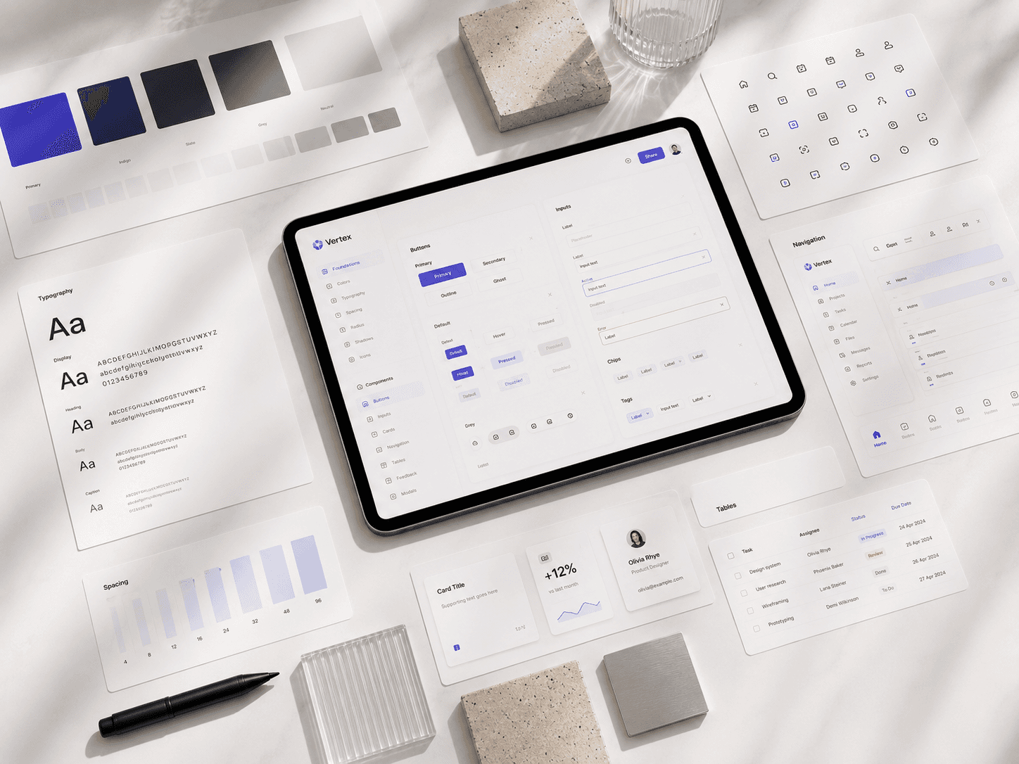 Modern project management dashboard displayed across desktop, laptop, tablet, and smartphone, showcasing responsive workspace views with analytics, Kanban boards, calendars, task management, and collaboration features in a bright minimalist studio.