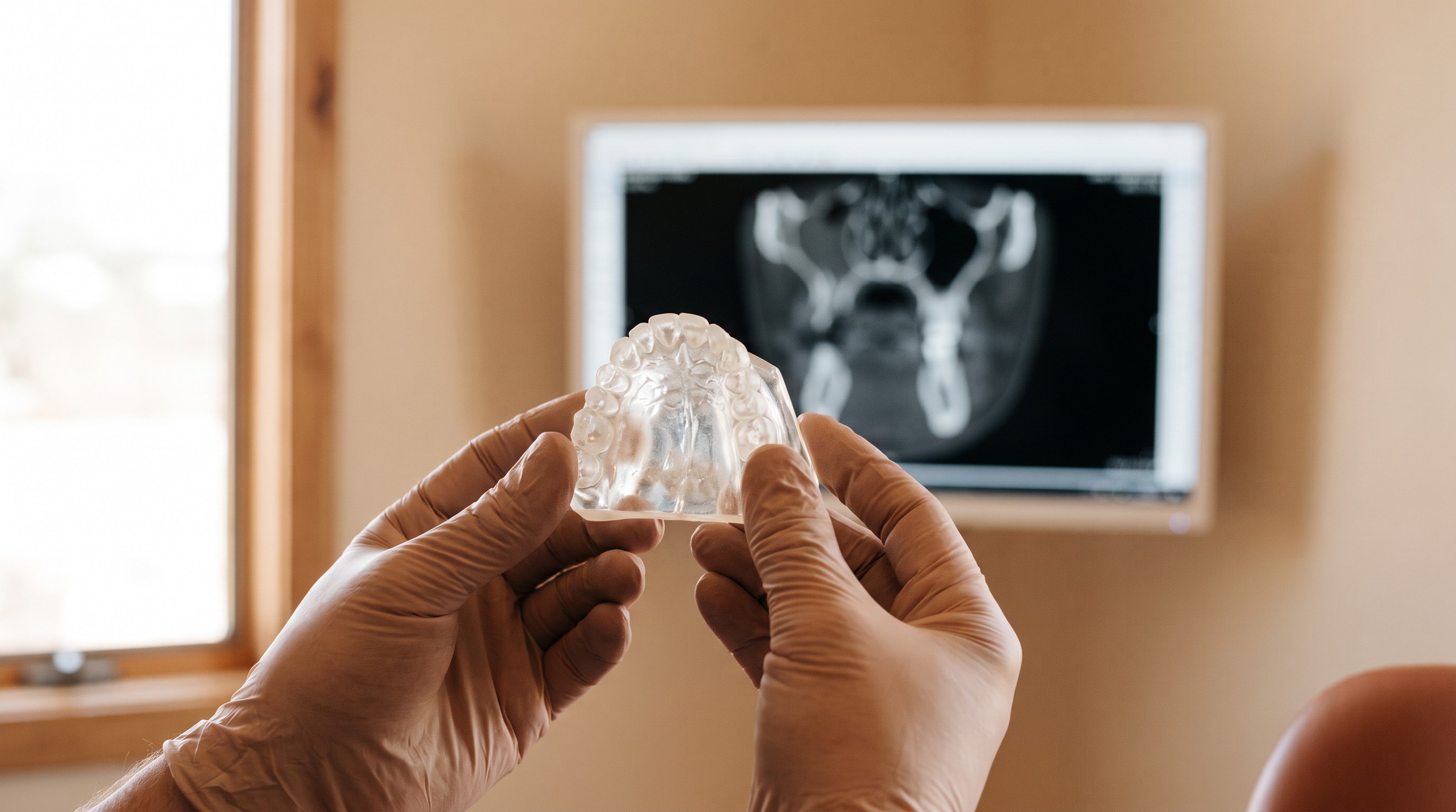 Dentist's gloved hands holding an upper jaw anatomical model near a CBCT scan display