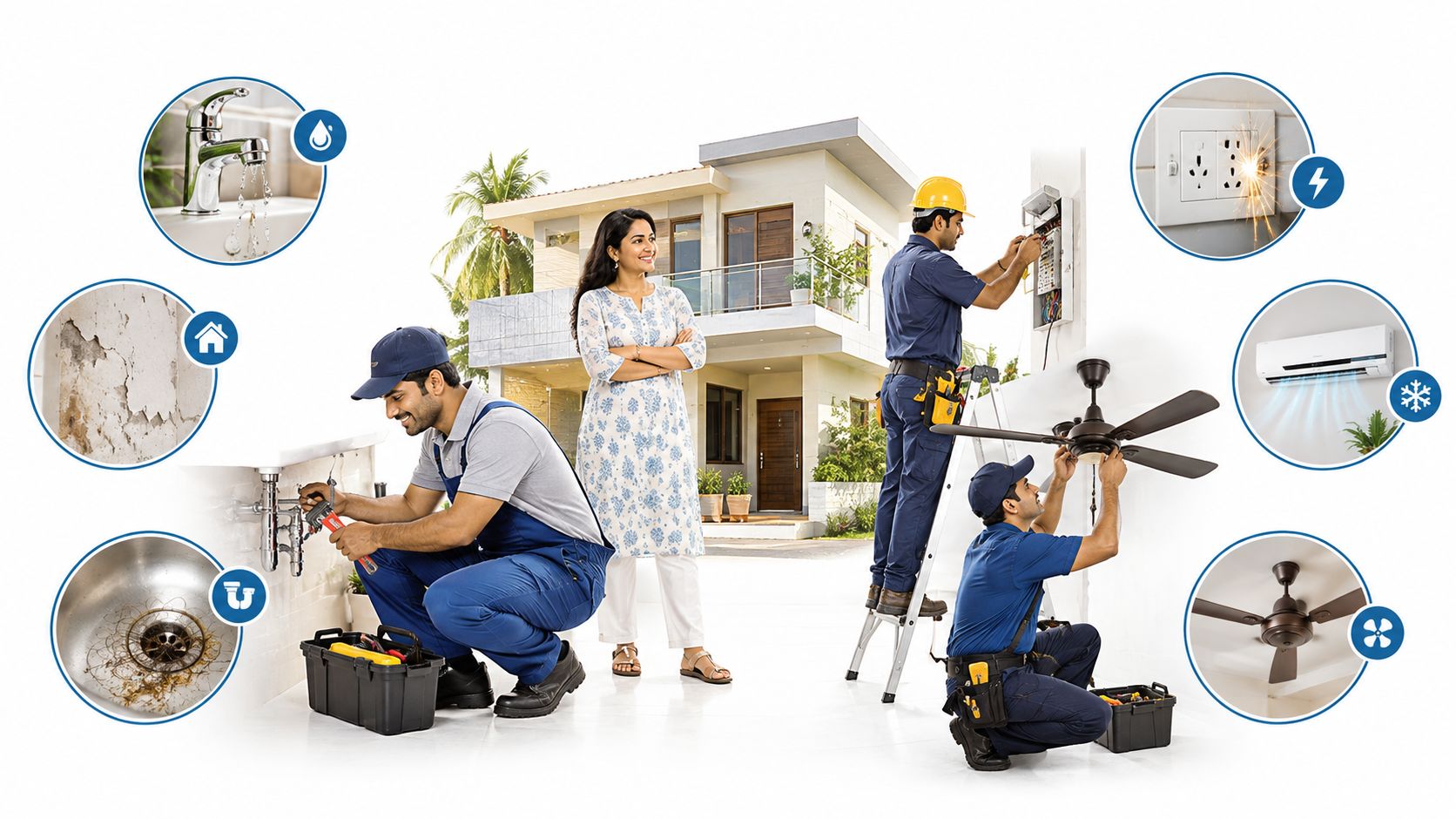A professional maintenance team providing various home repair services for a woman in front of her house.