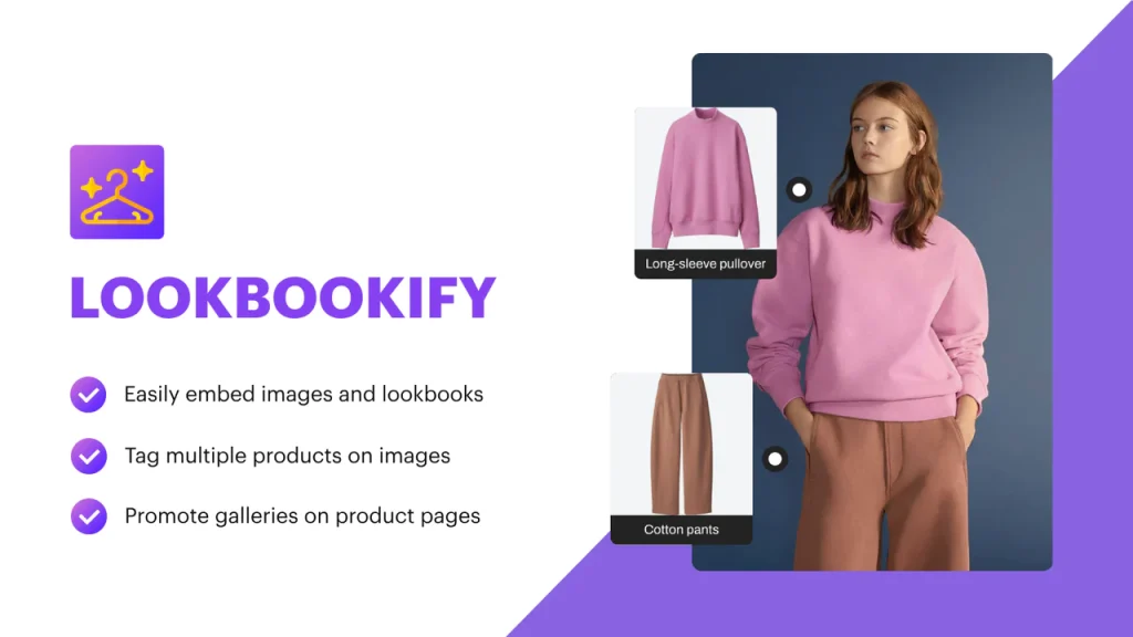 Lookbookify Shopify app promo showing a model in pink with tagged pullover and trousers