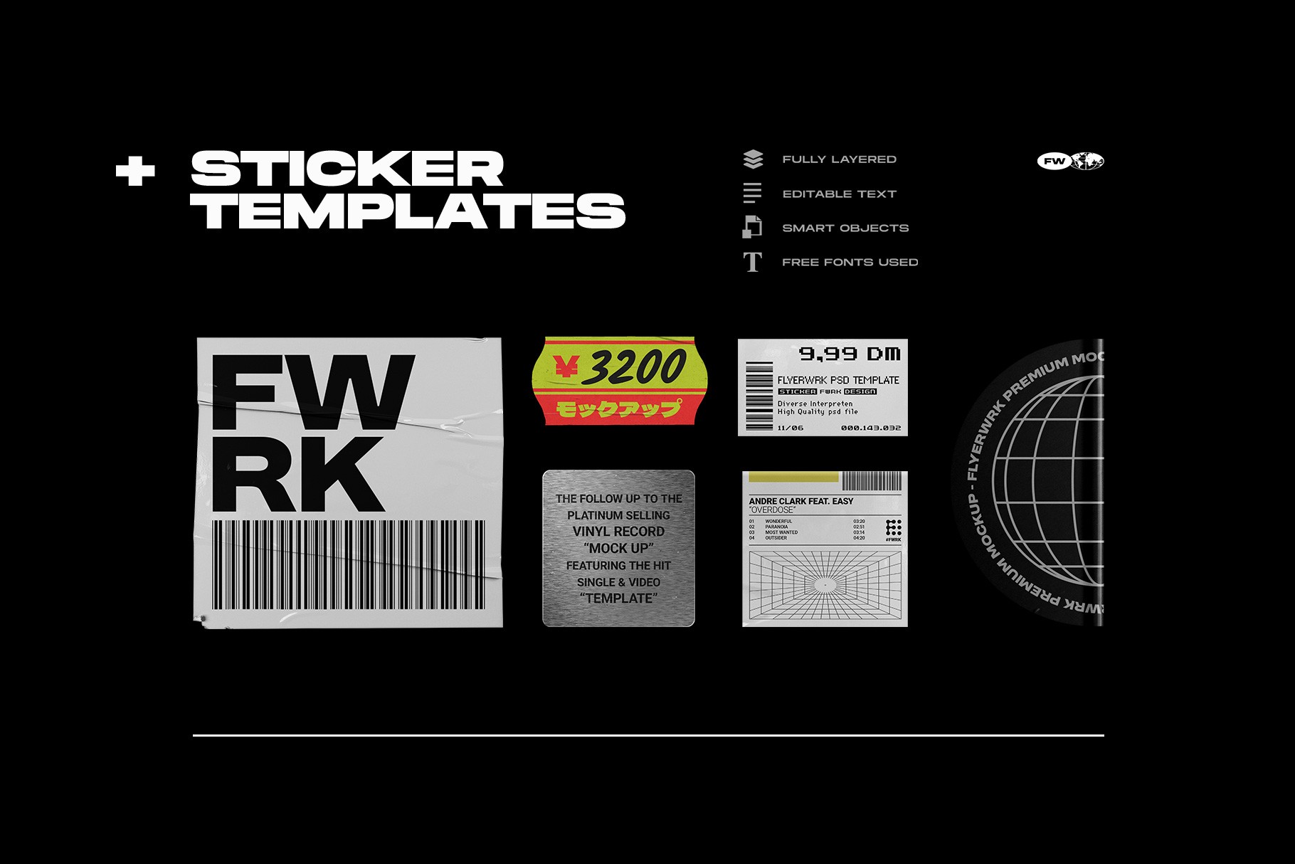 Classic CD jewel case mockup sticker templates with labels price tags and barcodes