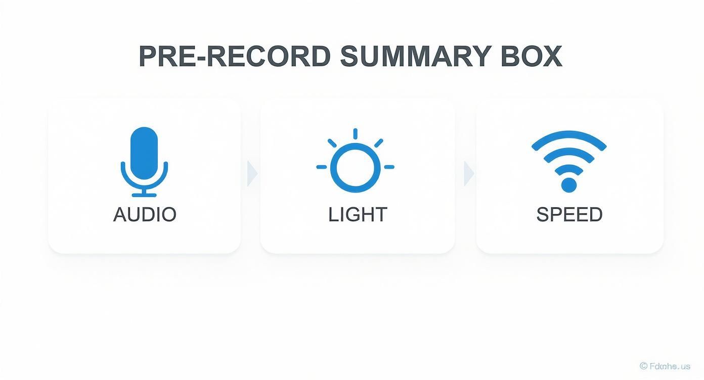 A pre-record summary box showing three white cards with blue icons for audio, light, and speed checks.