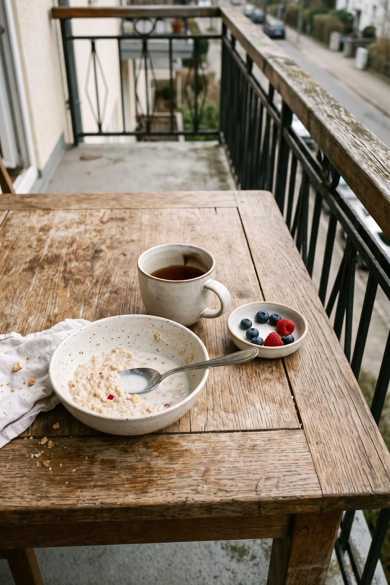 Seen from above, a balcony table part way through breakfast: porridge, tea and a dish of berries