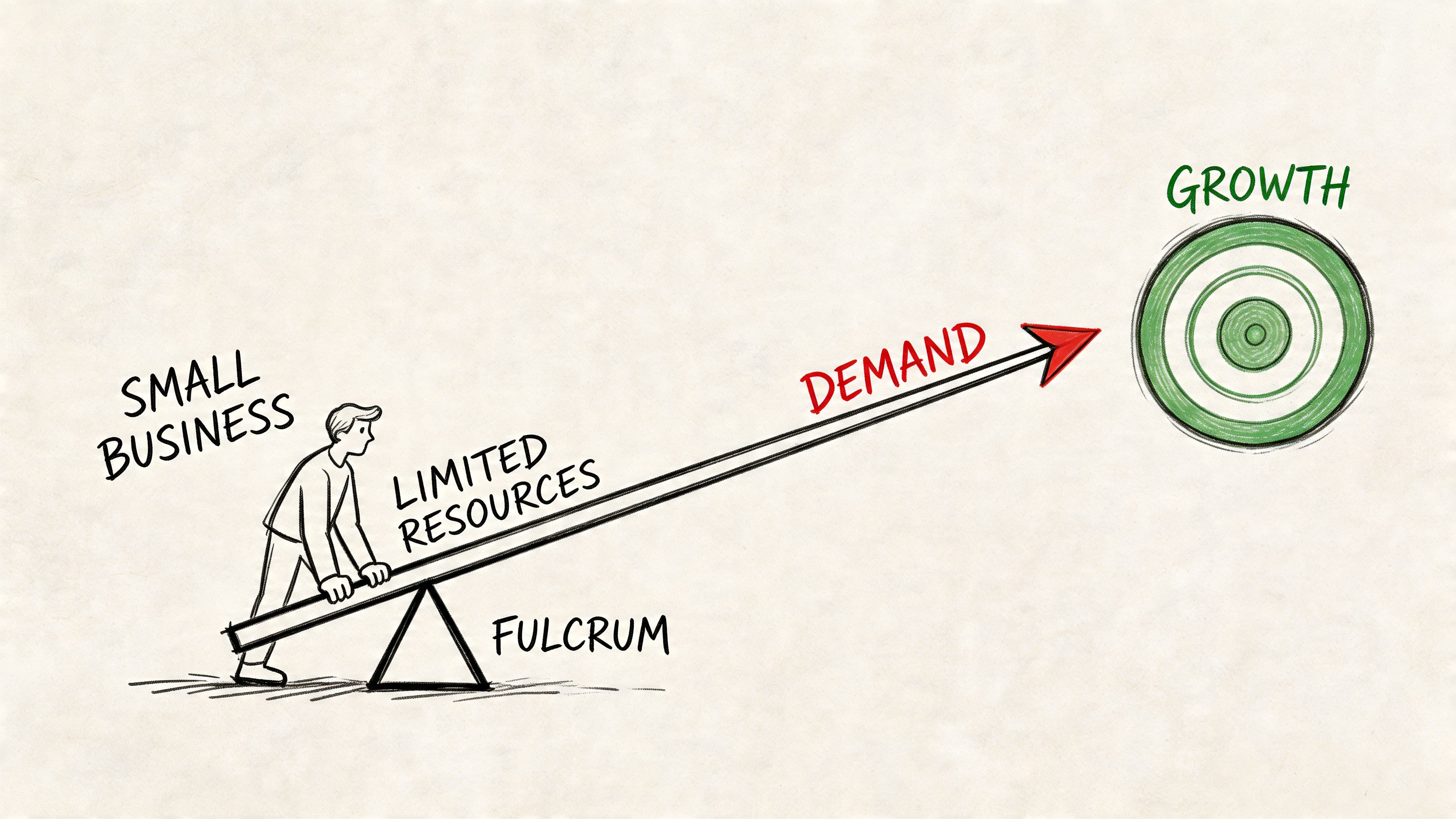 A conceptual illustration of a small business using limited resources as a lever to reach growth.