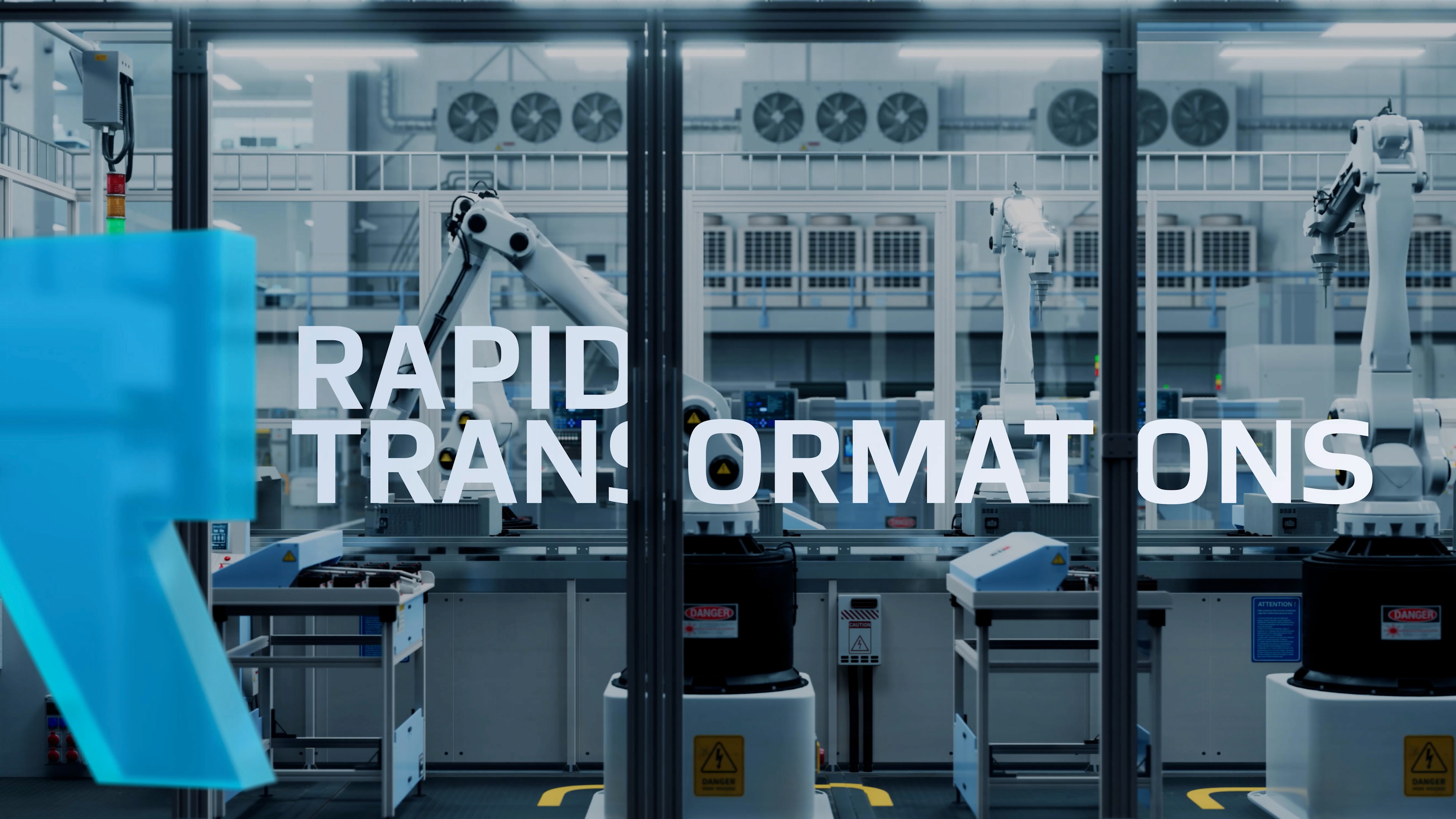 3D animation of robotic arms in a futuristic factory