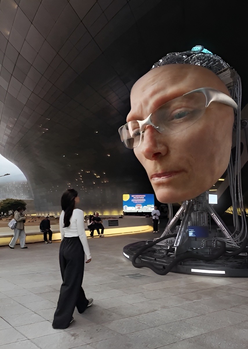 A woman walking toward a massive, futuristic Tilda Swinton robotic head in a modern city plaza