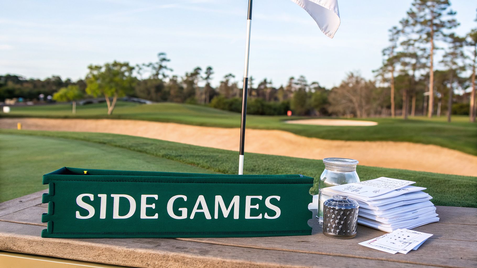 A 'SIDE GAMES' sign and scorecards on a wooden table at a sunny golf course, next to a flagstick.